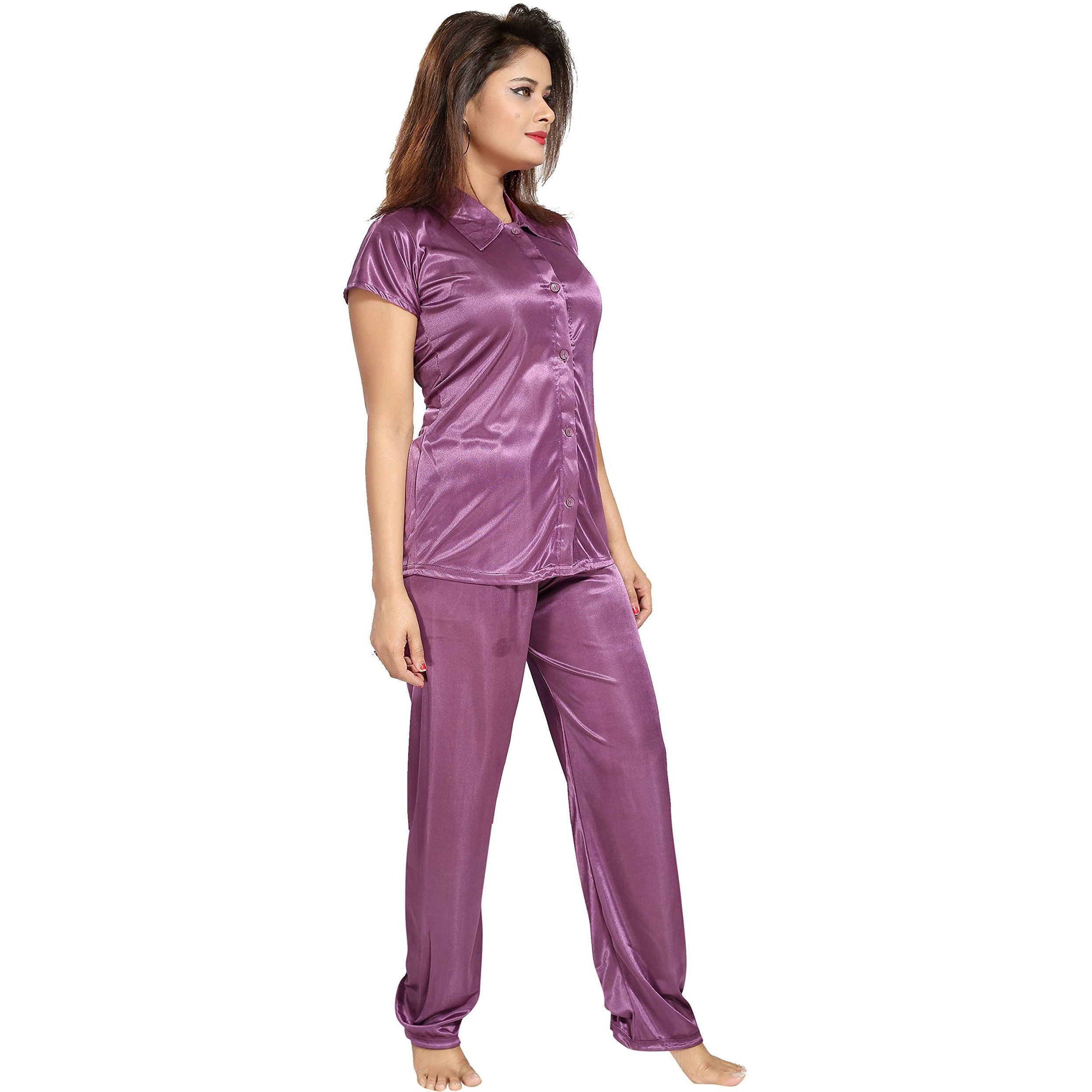 Fabme Women's Plain Satin Night Suit (Shirt And Pyjama) - Light Wine - Medium