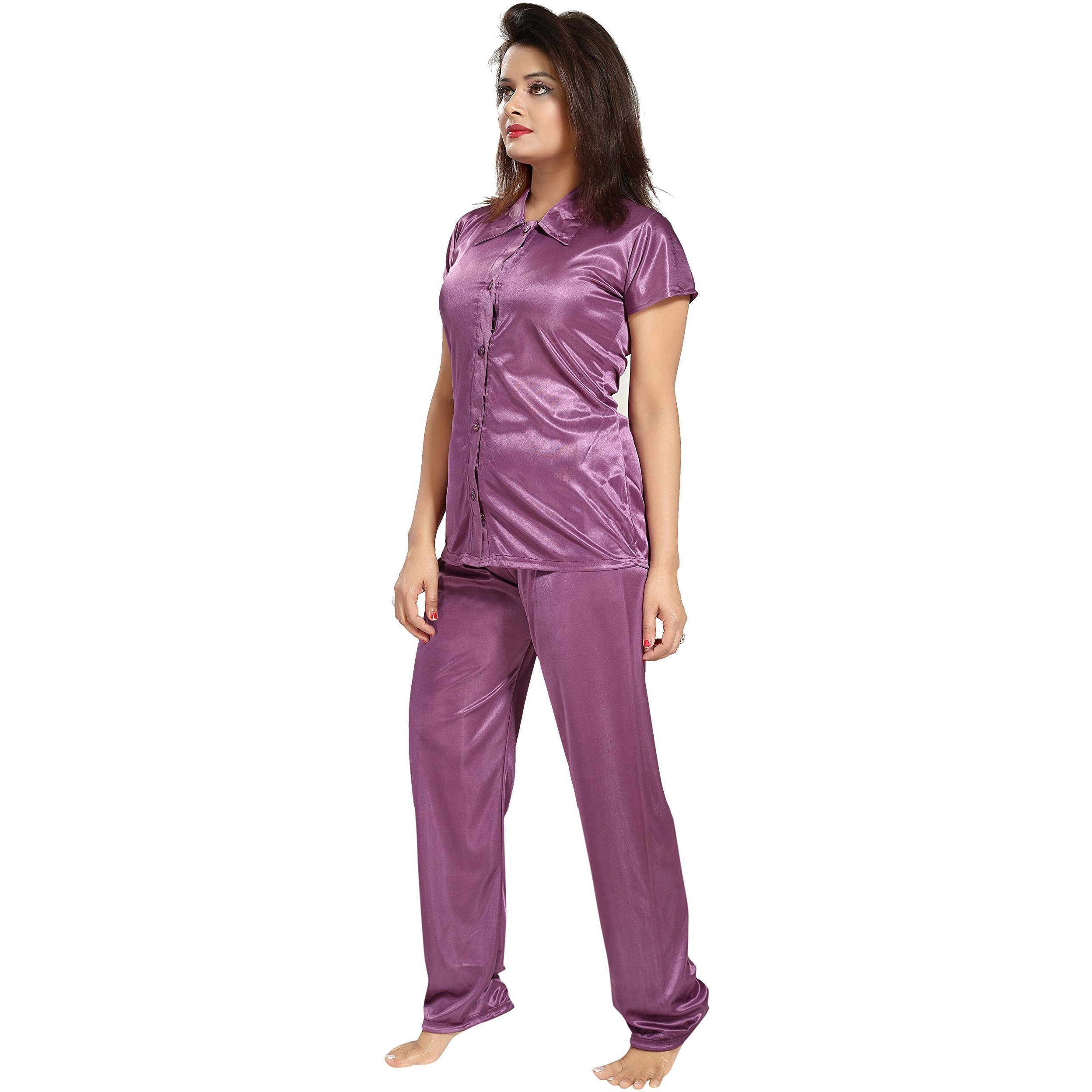 Fabme Women's Plain Satin Night Suit (Shirt And Pyjama) - Light Wine - Medium