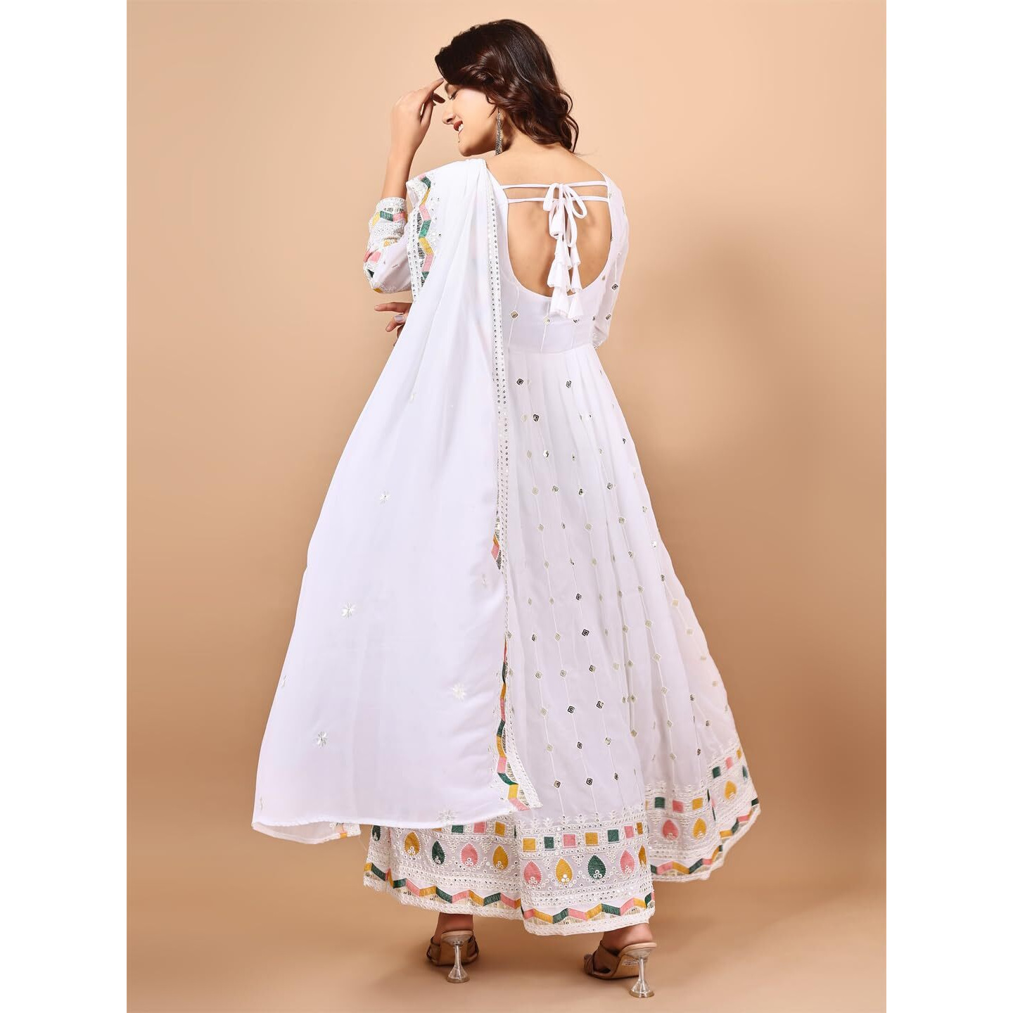 Fashion Basket Georegtte Embroidered Anarkali Kurta Set For Women (In, Alpha, 2Xl, Regular, White)
