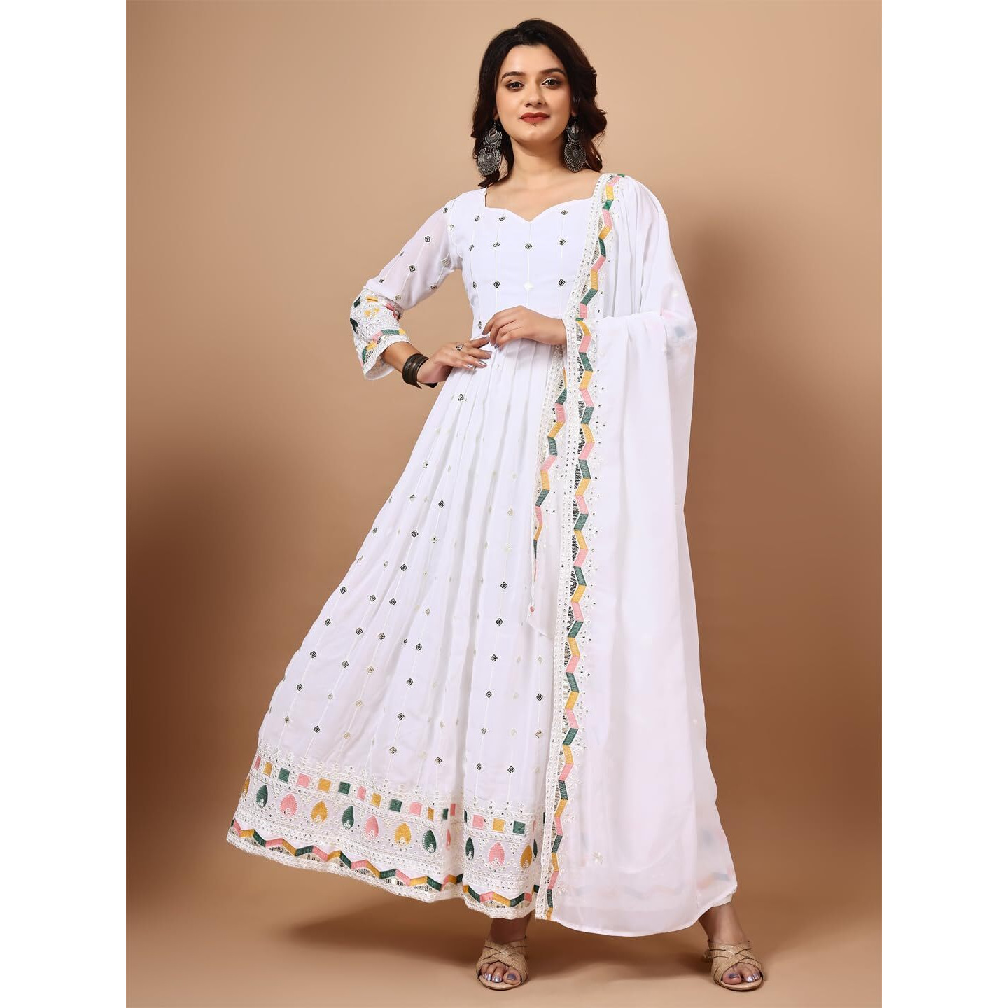 Fashion Basket Georegtte Embroidered Anarkali Kurta Set For Women (In, Alpha, 2Xl, Regular, White)