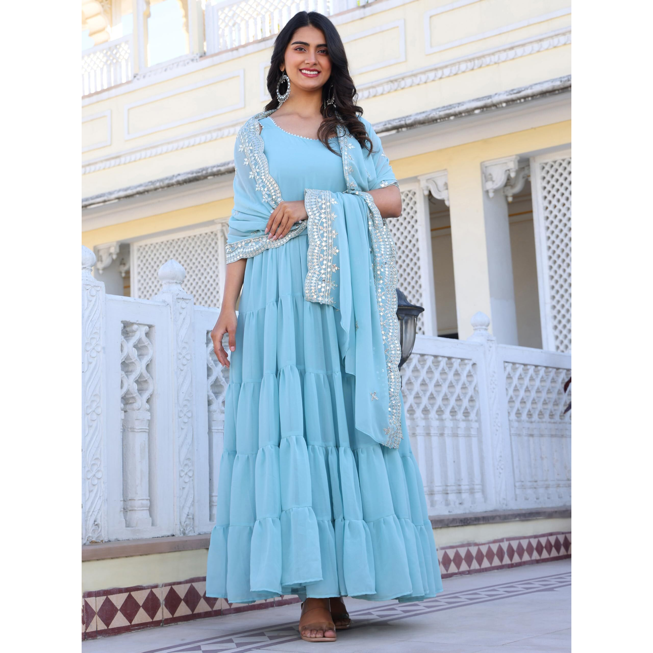 Fashion Basket Georgette Anarkali Dress For Women Sky Blue