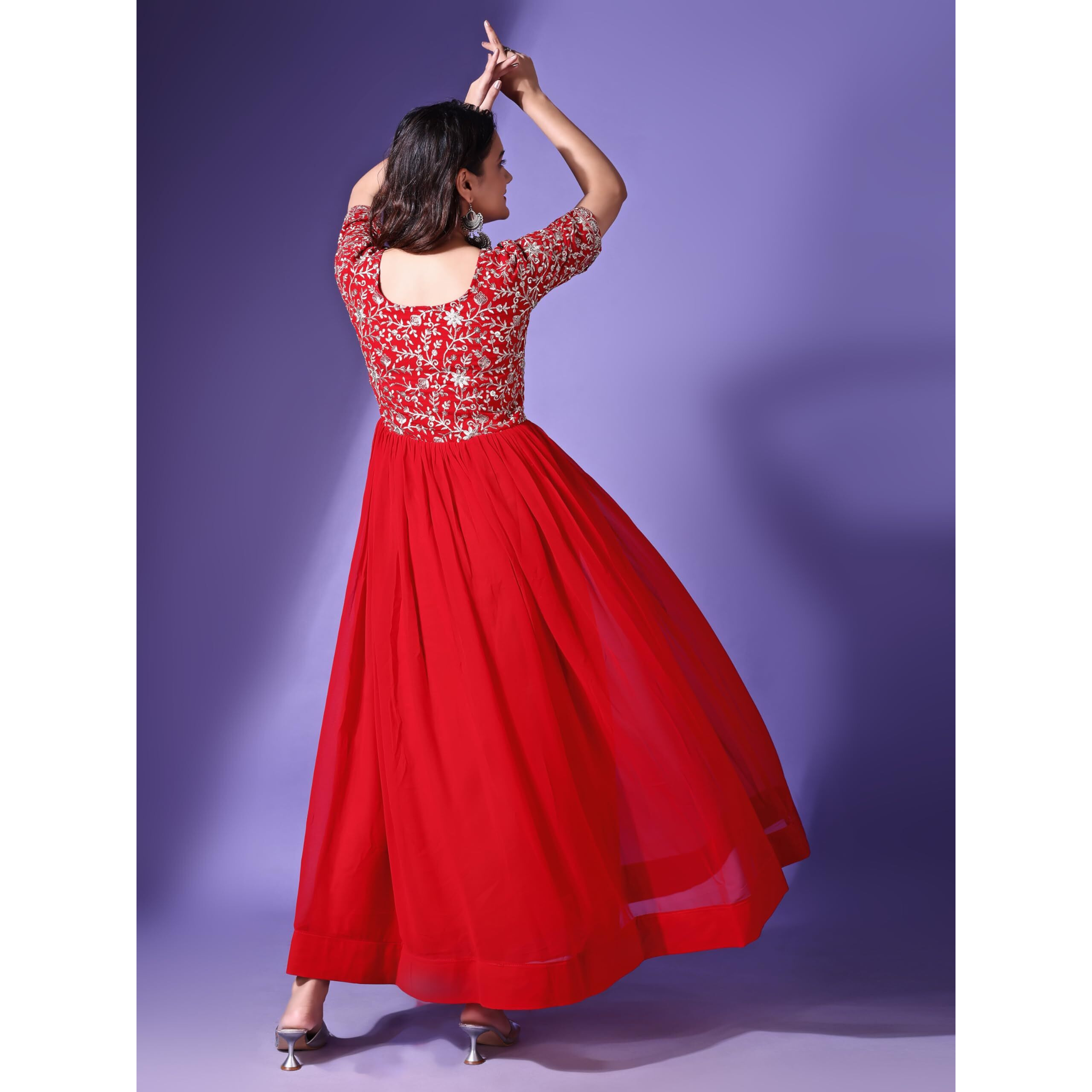 Fashion Basket Georgette Embroidered Anarkali Dress Foe Women (In, Alpha, L, Regular, Red)