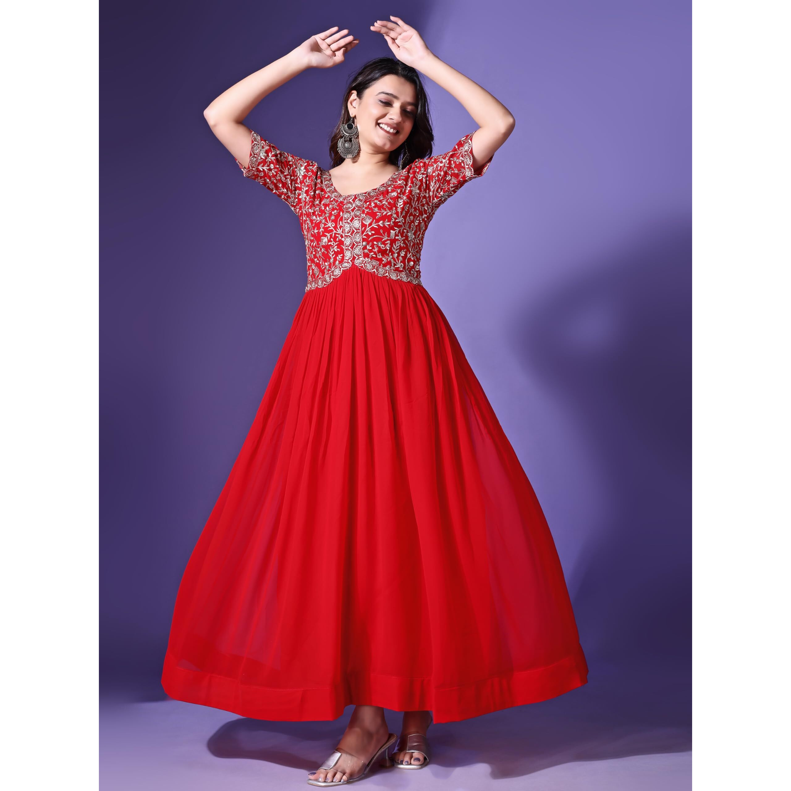Fashion Basket Georgette Embroidered Anarkali Dress Foe Women (In, Alpha, L, Regular, Red)