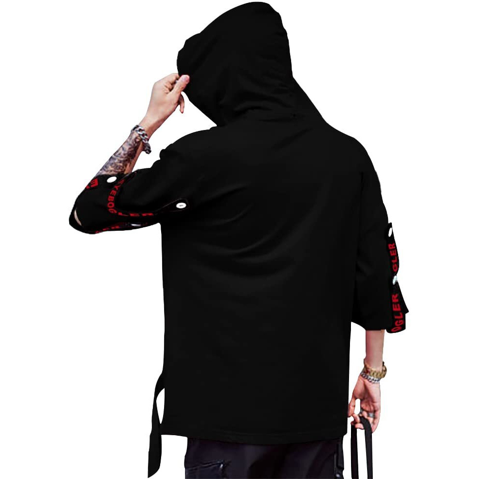 Eyebogler Mens Loose Fit Half Sleeves Hooded Neck Printed T-Shirt Black White