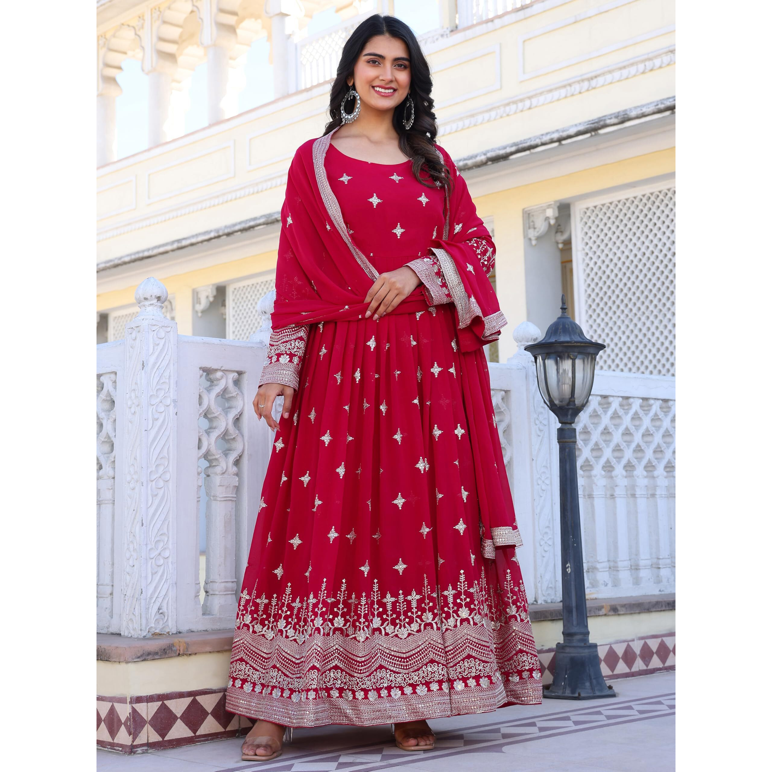 Fashion Basket Georegtte Embroidered Anarkali Long Dress For Women
