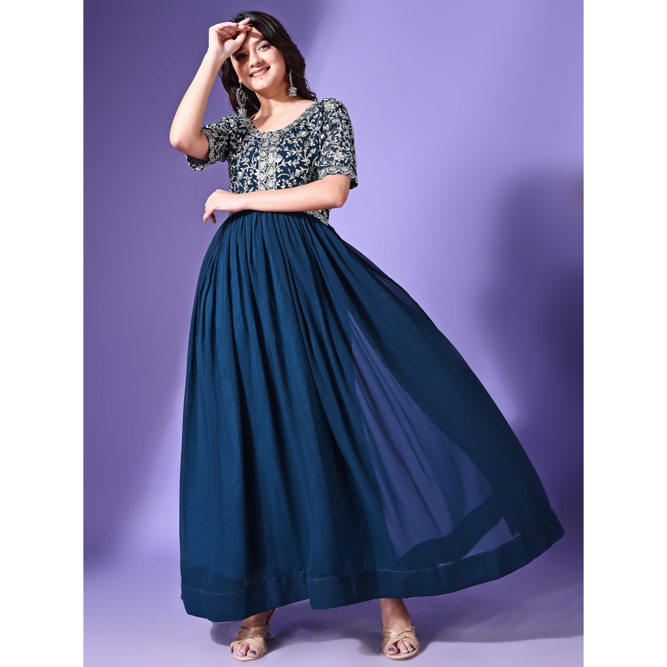 Fashion Basket Georgette Embroidered Anarkali Dress Foe Women (In, Alpha, L, Regular, Turquoise)