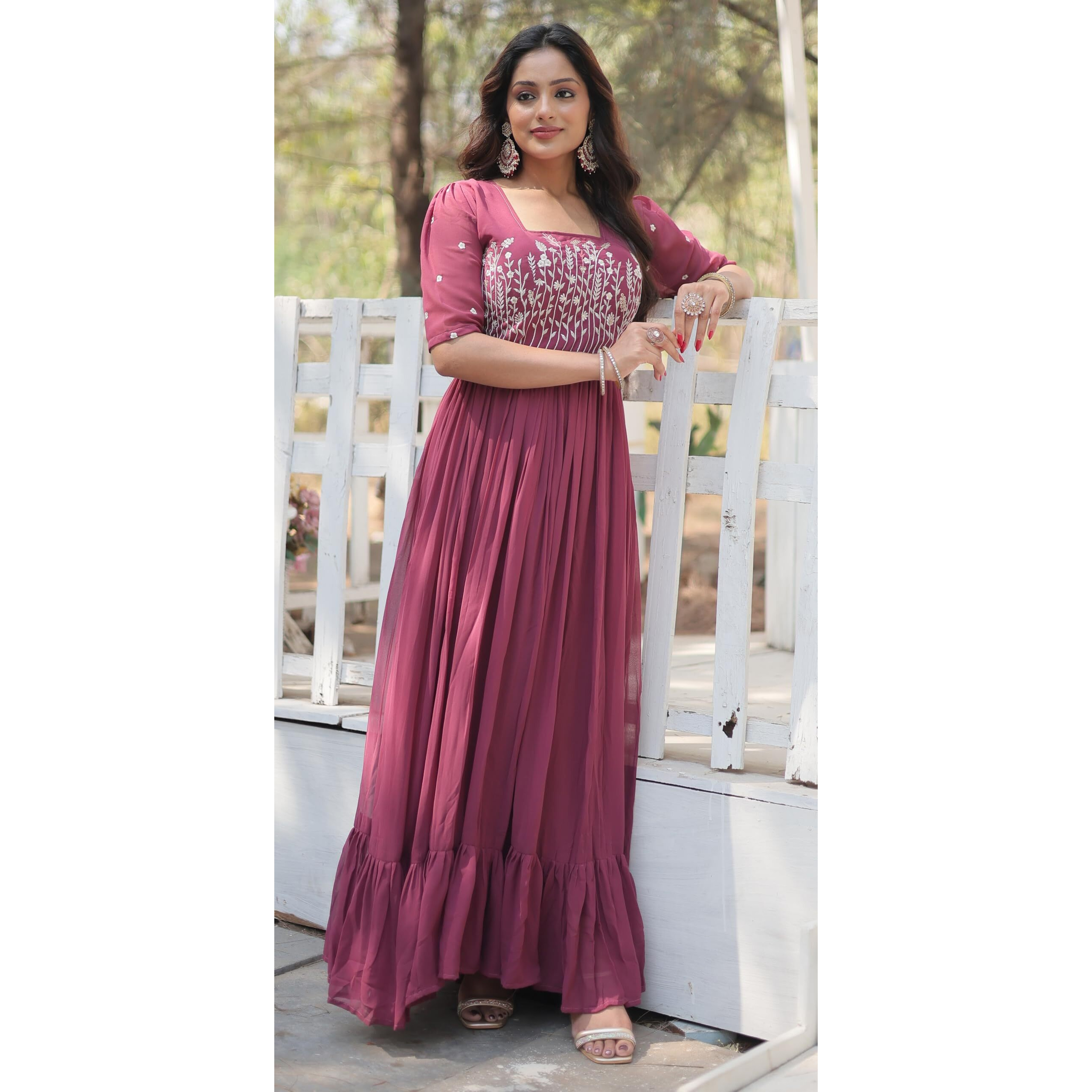 Fashion Basket Georgette Anarkali Gown With Sequins And Embroidery For Women With Long Sleeves (Medium, Magenta)