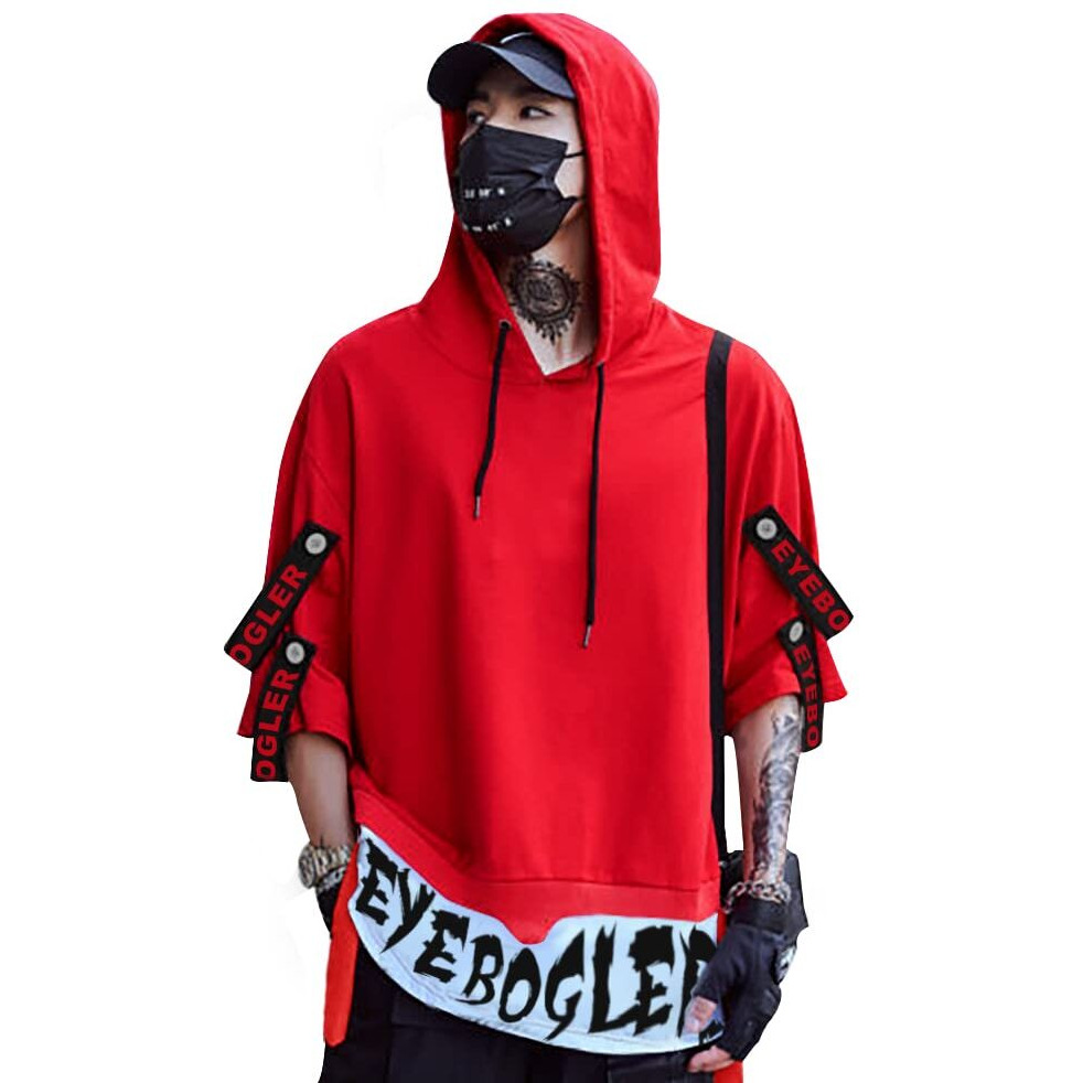 Noble Monk Eyebogler Mens Cotton Blend Loose Fit Half Sleeves Hooded Neck Printed T-Shirt Red White, Xl