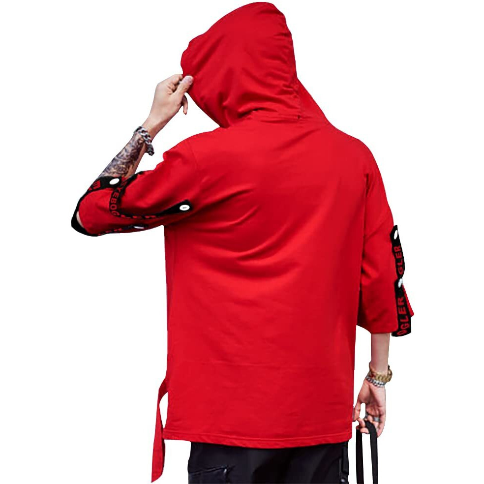Noble Monk Eyebogler Mens Cotton Blend Loose Fit Half Sleeves Hooded Neck Printed T-Shirt Red White, Xl
