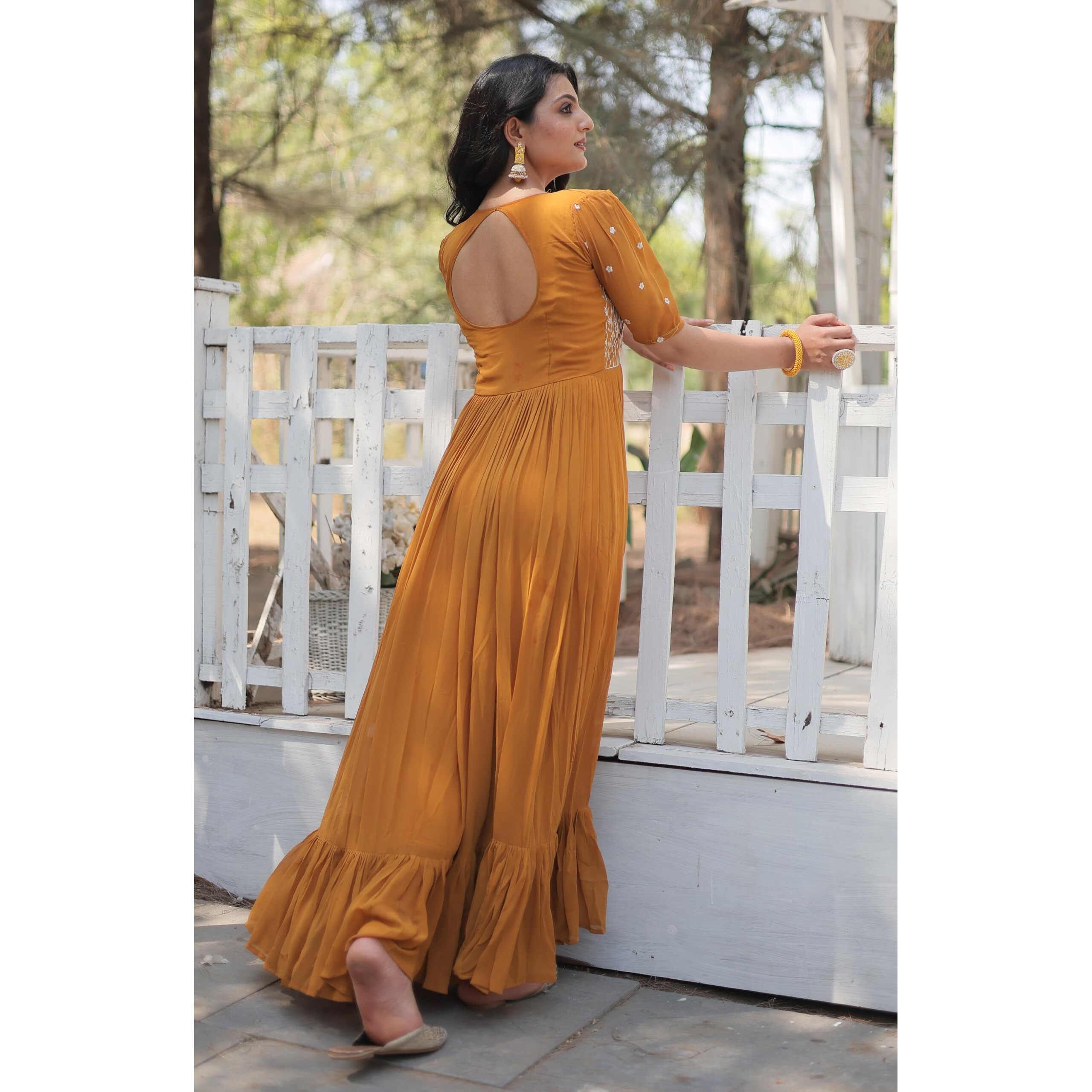 Fashion Basket Georgette Anarkali Gown With Sequins And Embroidery For Women With Long Sleeves (X-Large, Yellow)