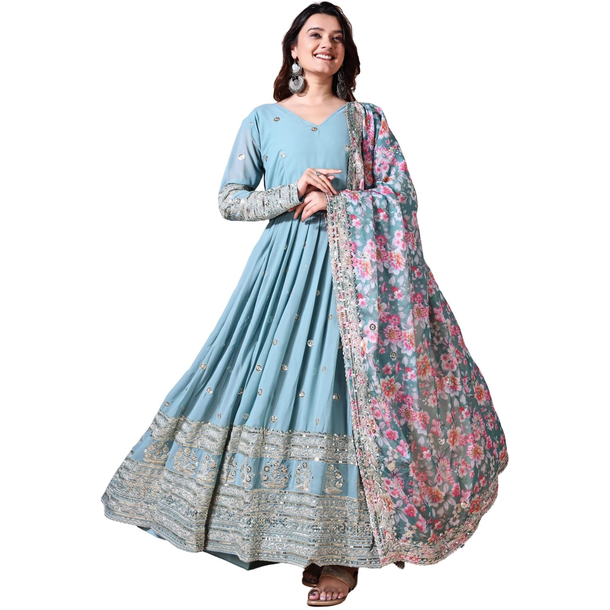 Fashion Basket Georgette Embroidered Anarkali Dress For Women (In, Alpha, Xl, Regular, Sky Blue)