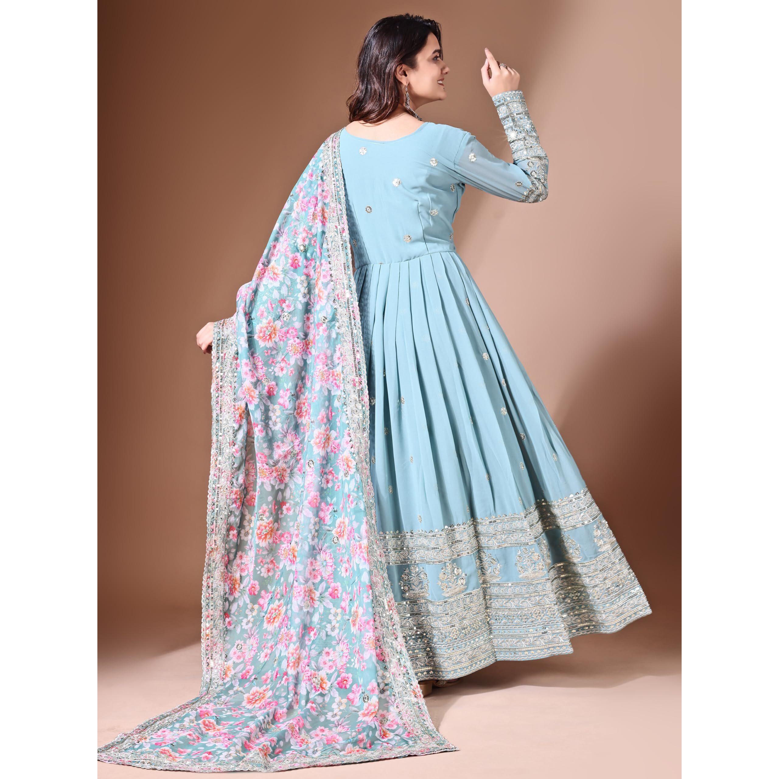 Fashion Basket Georgette Embroidered Anarkali Dress For Women (In, Alpha, Xl, Regular, Sky Blue)
