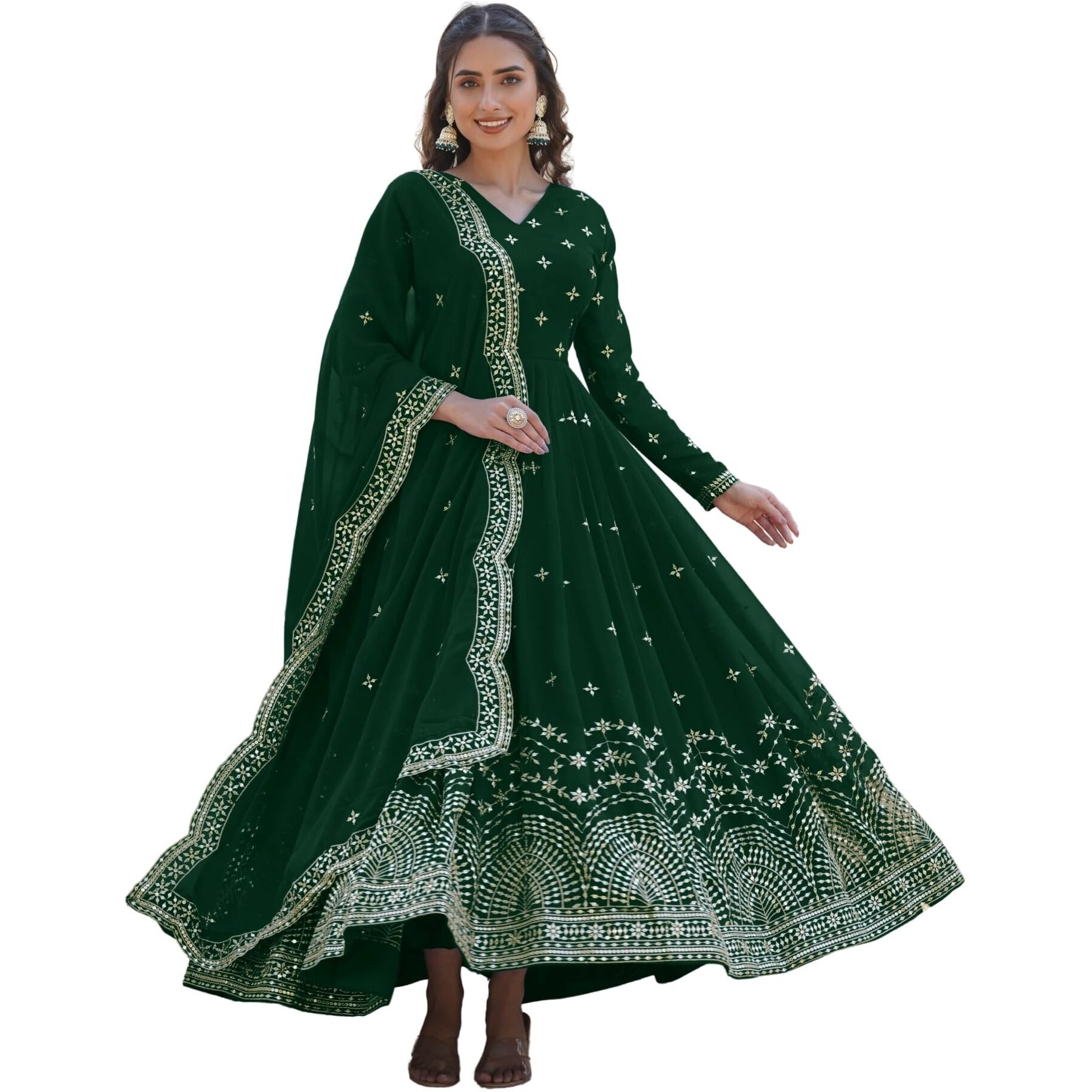 Fashion Basket Faux Georgette Sequins Anarkali Dress For Women (In, Alpha, Xl, Regular, Green)