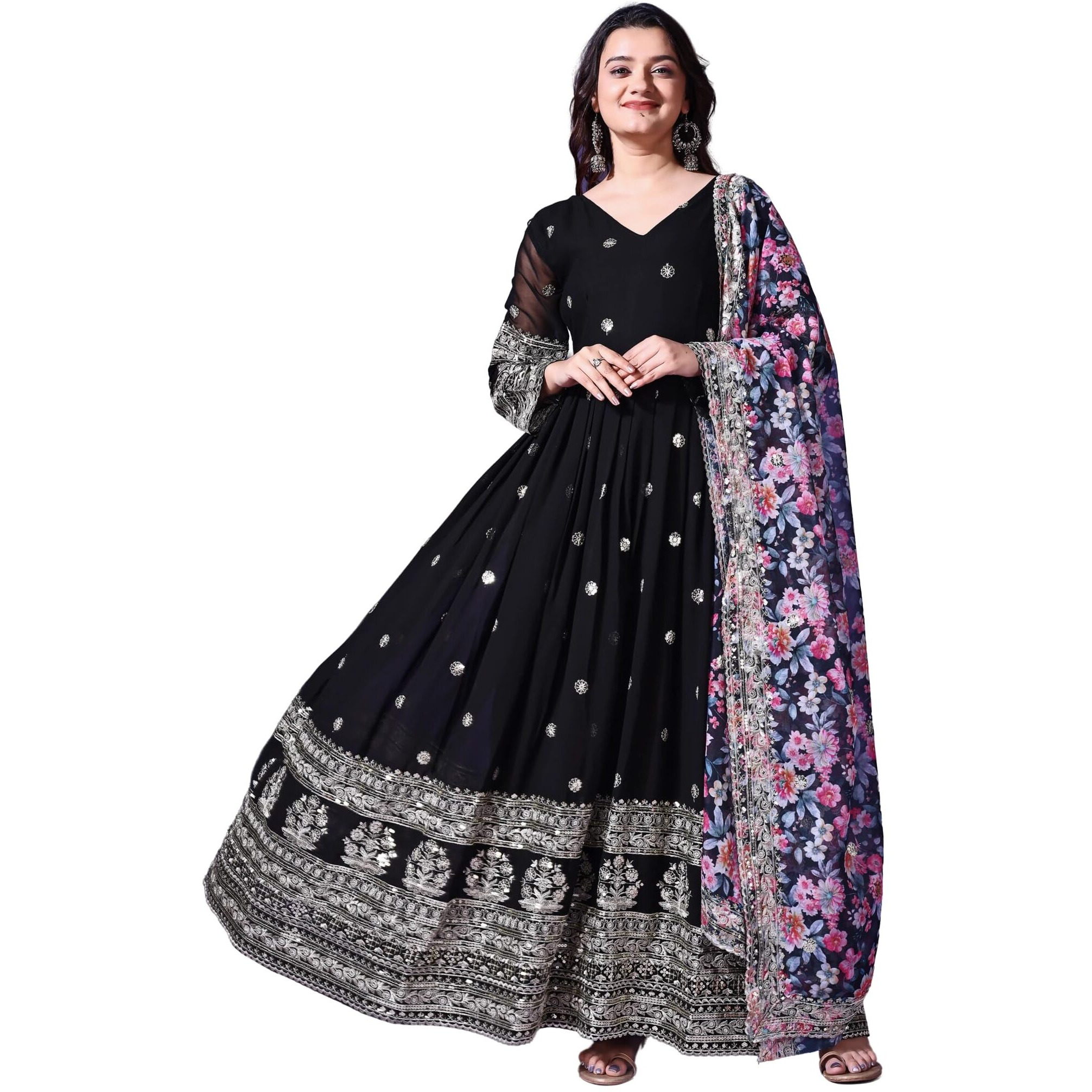 Fashion Basket Georgette Embroidered Anarkali Dress For Women (In, Alpha, 2Xl, Regular, Black)