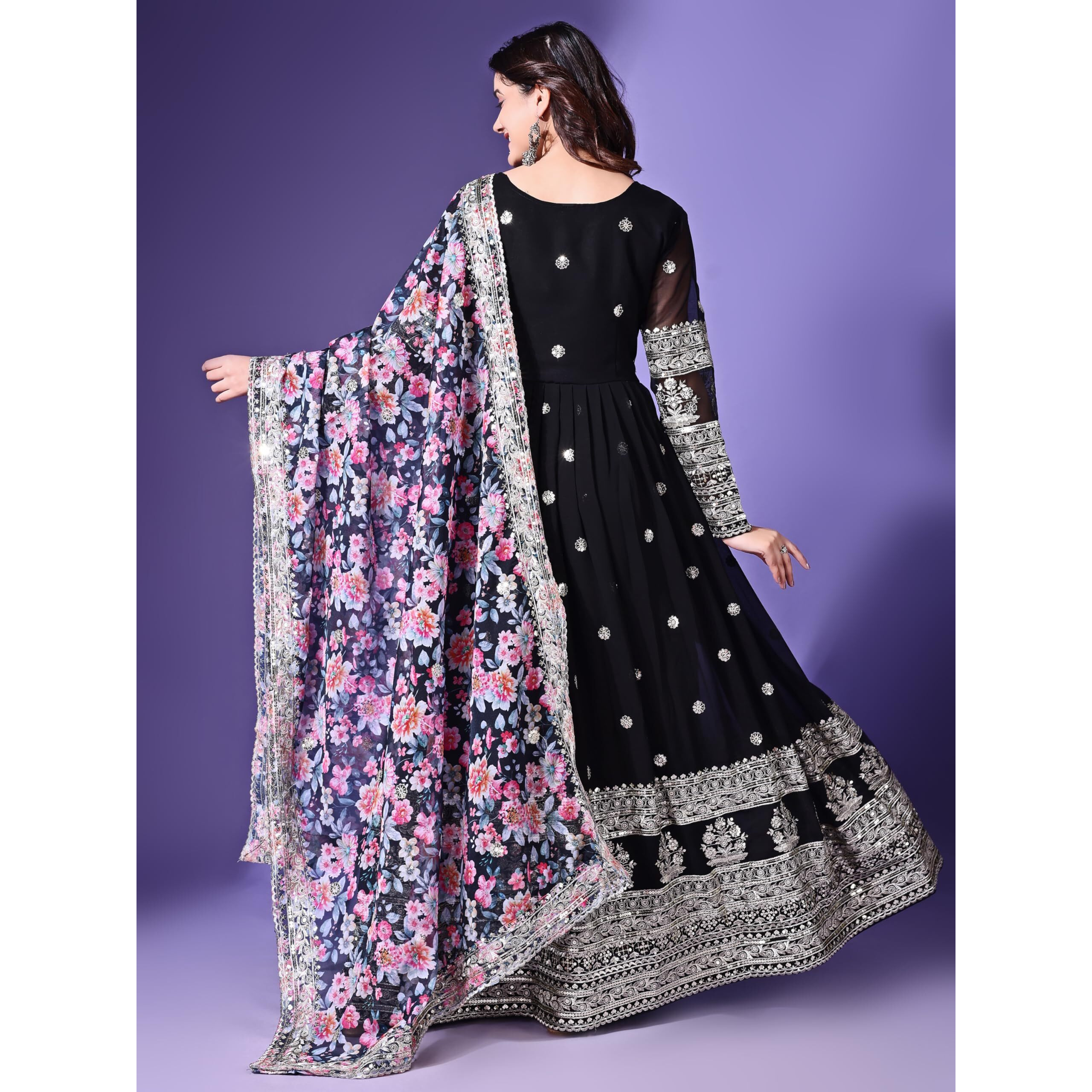 Fashion Basket Georgette Embroidered Anarkali Dress For Women (In, Alpha, 2Xl, Regular, Black)