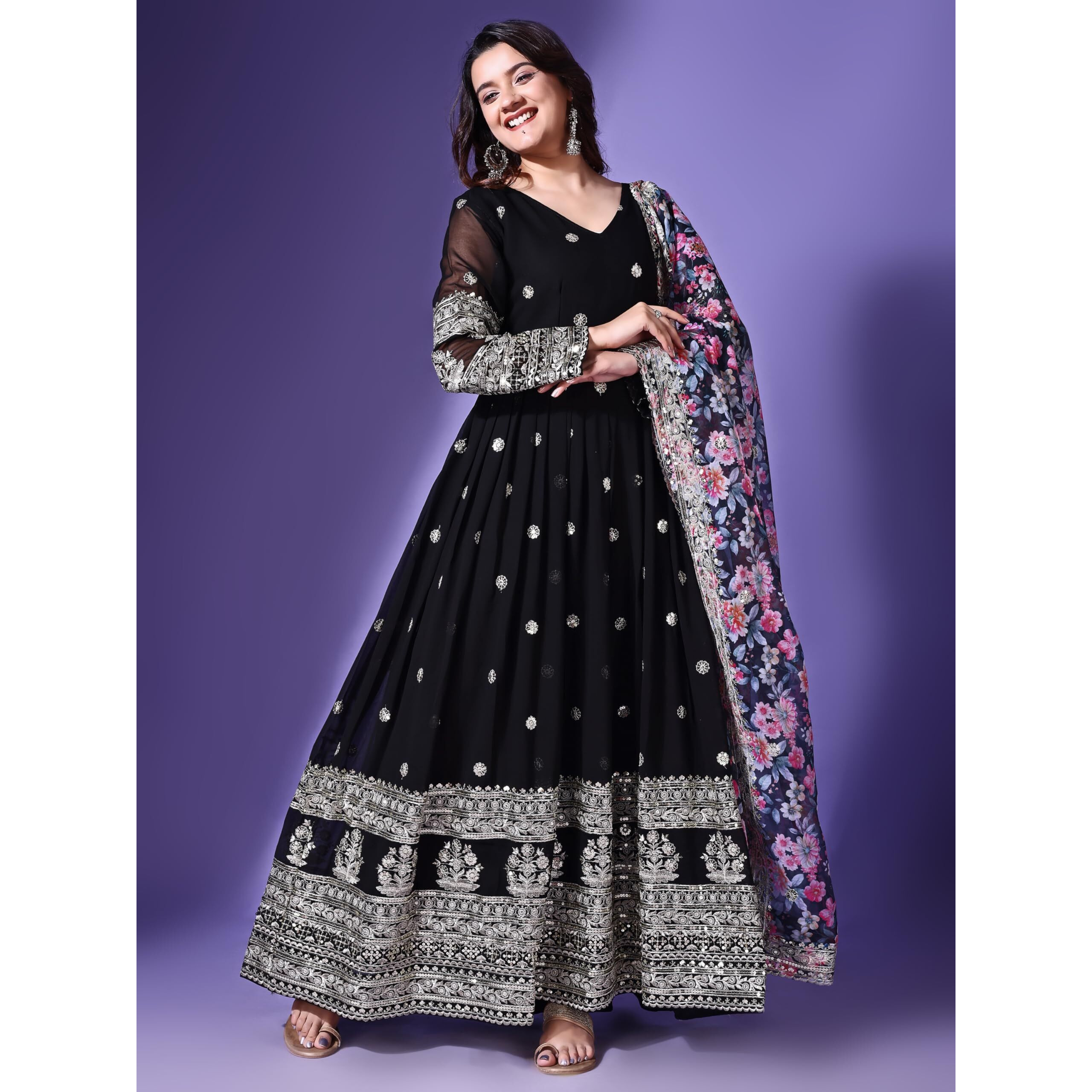 Fashion Basket Georgette Embroidered Anarkali Dress For Women (In, Alpha, 2Xl, Regular, Black)