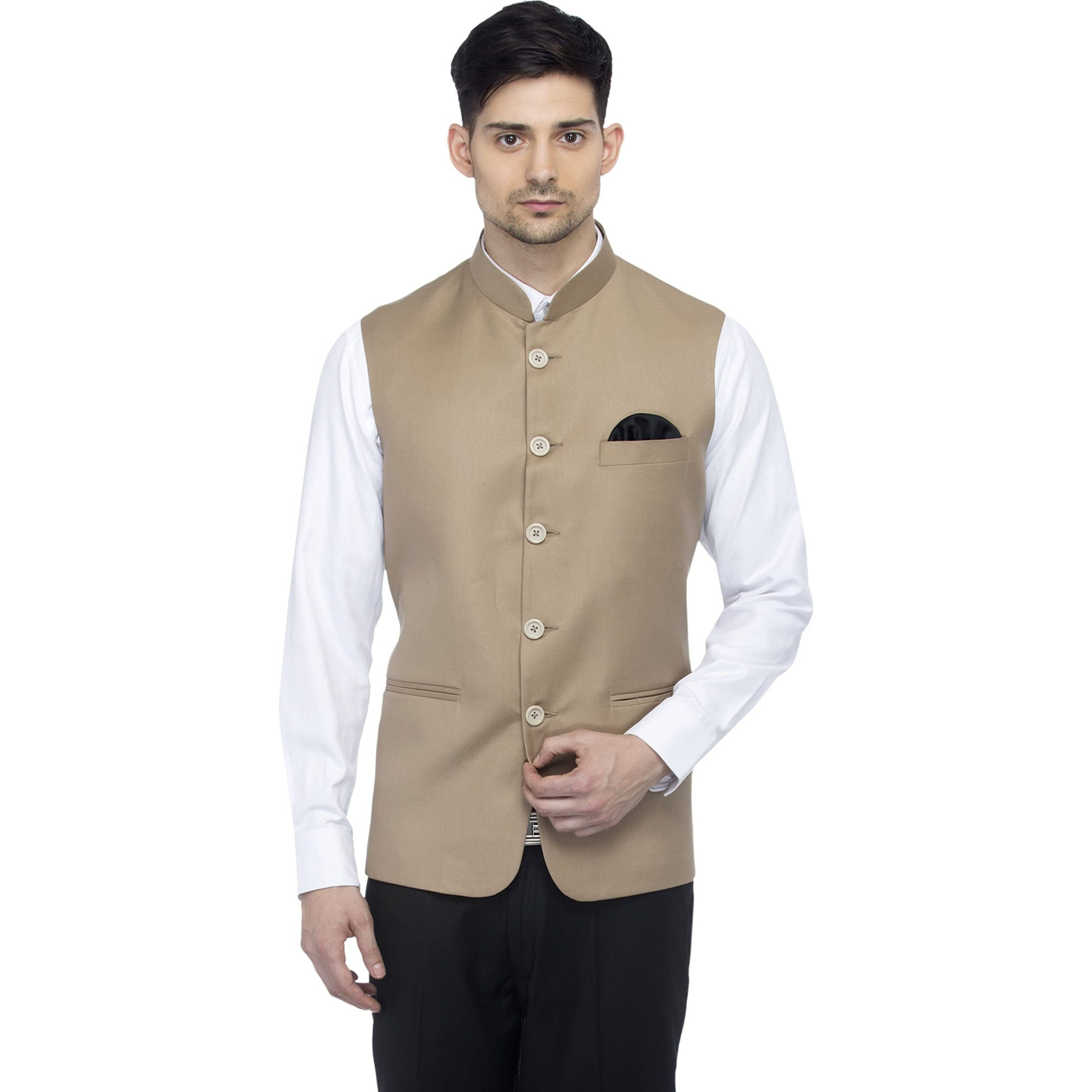 Favoroski Bandhgala Sleeveless Jackets Ethnic Men's Wear Waistcoat (Beige_48)