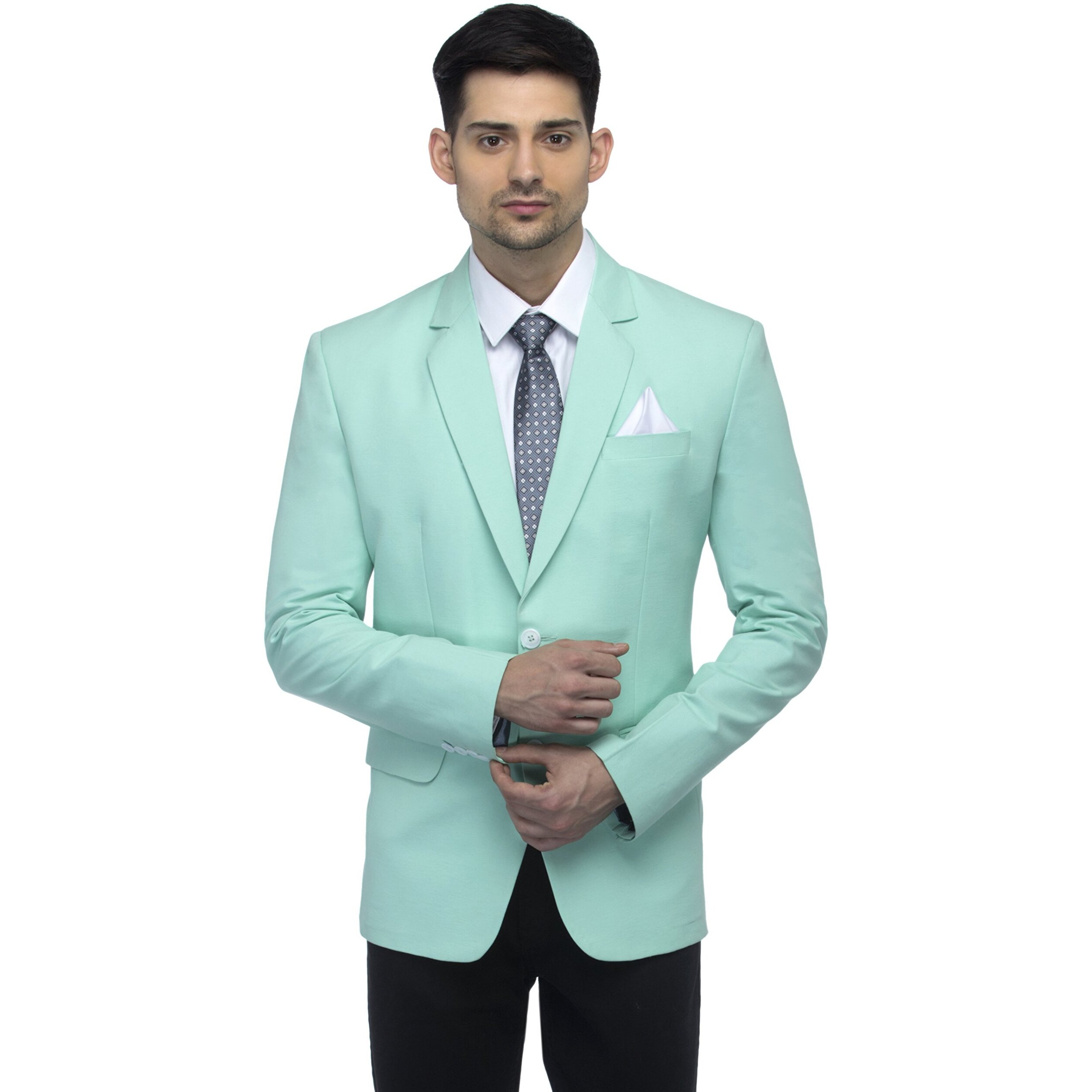Favoroski Designer Men's Slim Fit Notch Lapel Collar Single Breasted Tuxedo Blazer, Light Green S