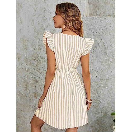 Greciilooks Western Dress For Women| Striped Pattern Dress| Button Ruffle Sleeve Western Dress| Dress For Girls| Summer Wear Dress| Gift For Girls| Outdoor Wear (X-Large, Brown)