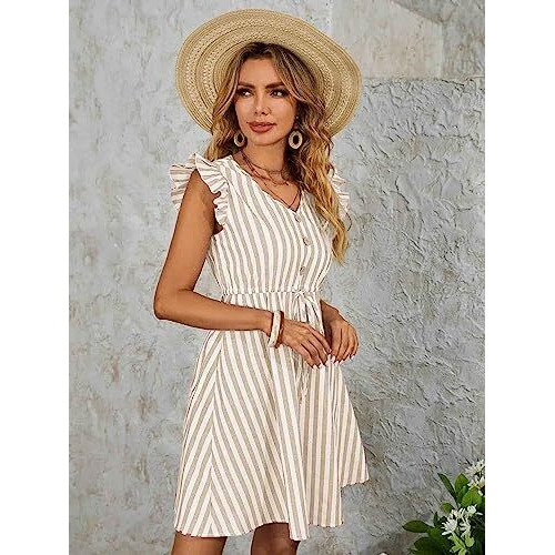 Greciilooks Western Dress For Women| Striped Pattern Dress| Button Ruffle Sleeve Western Dress| Dress For Girls| Summer Wear Dress| Gift For Girls| Outdoor Wear (X-Large, Brown)