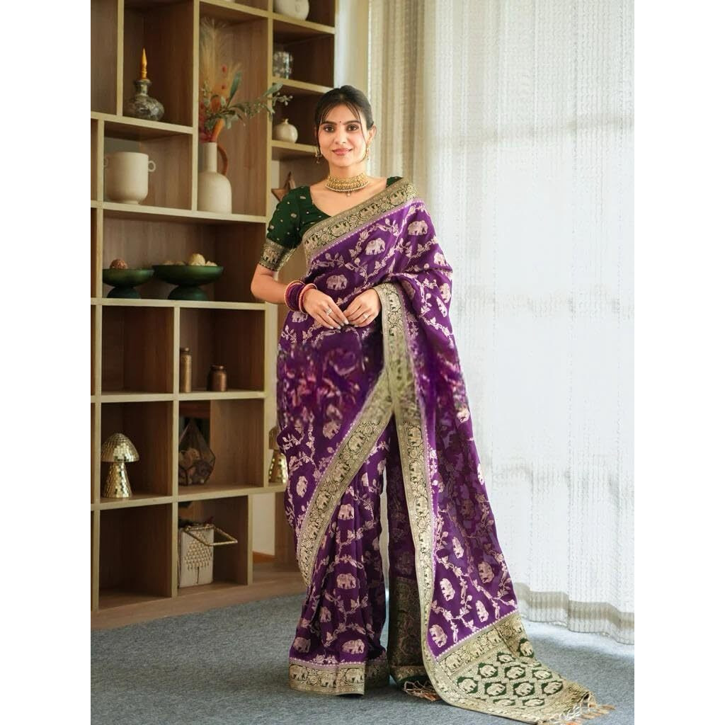 Flosive Banarasi Kanjivaram Silk Saree For Women | Wedding & With Rich Zari Work (Purple)