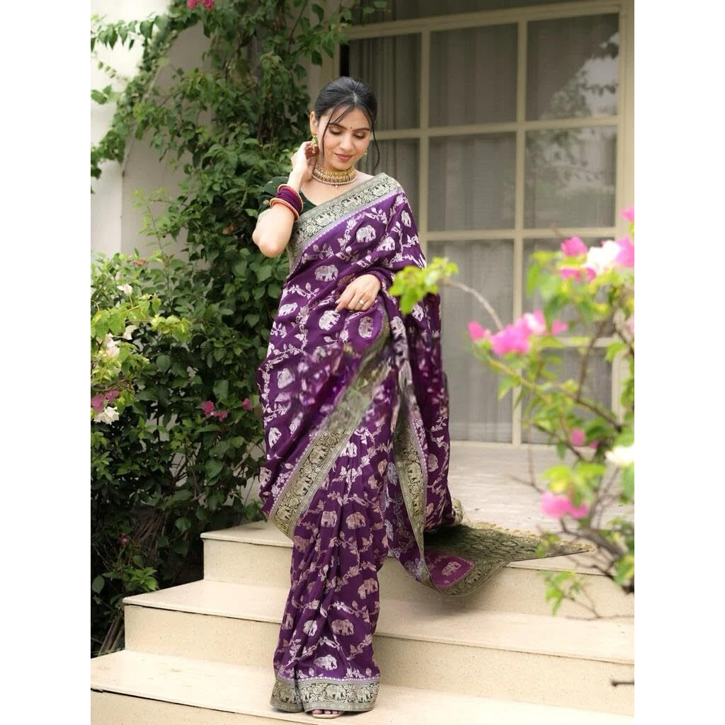 Flosive Banarasi Kanjivaram Silk Saree For Women | Wedding & With Rich Zari Work (Purple)