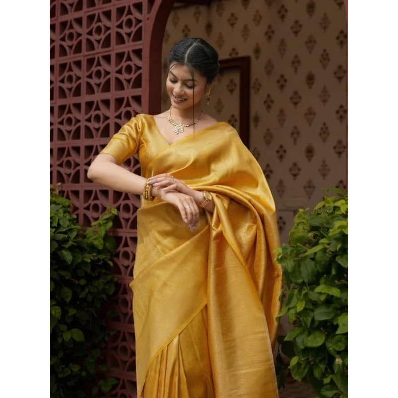 Flosive Banarasi Kanjivaram Style Saree | Royal Silk Feel With Rich Gold Zari | (Yellow)