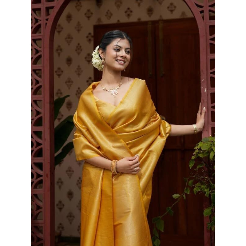 Flosive Banarasi Kanjivaram Style Saree | Royal Silk Feel With Rich Gold Zari | (Yellow)