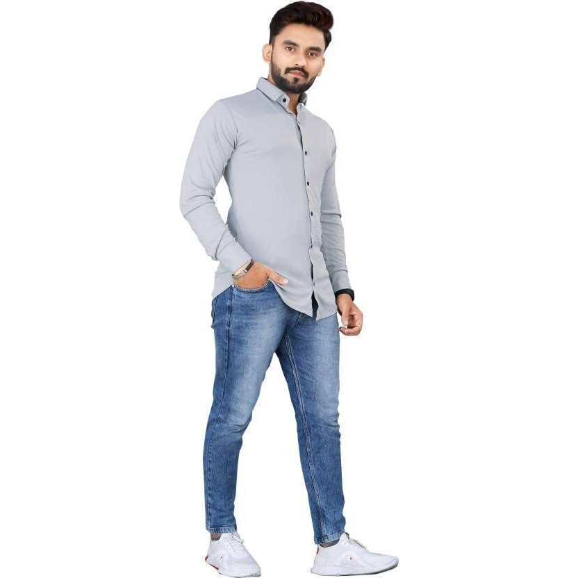 Flosive Men's Cotton Lycra Blend Checkered Men Shirt (Xl, Grey)