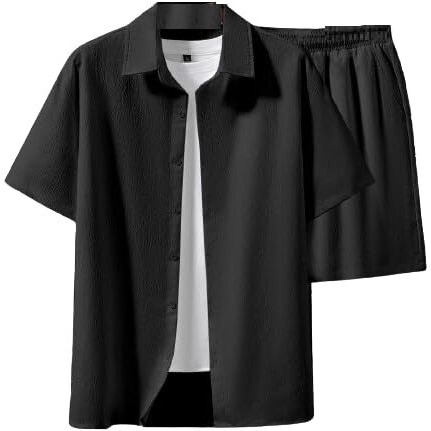 Flosive Creation Men's Popcorn Fabric Co-Ord Set (L, Black)