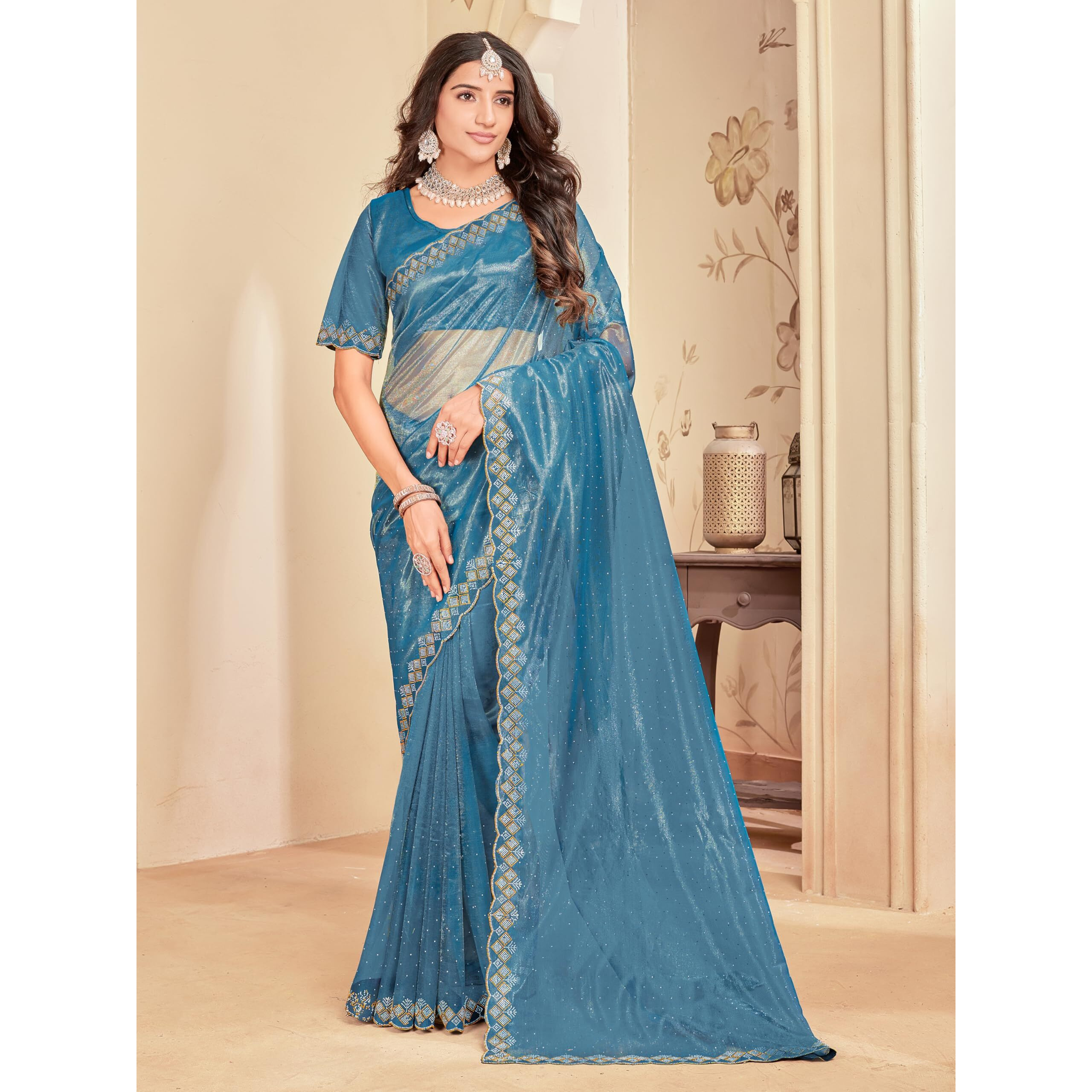 Glory Sarees Women's Net Swarovski Saree With Blouse Piece (Swarovskisarees102_Firozi)