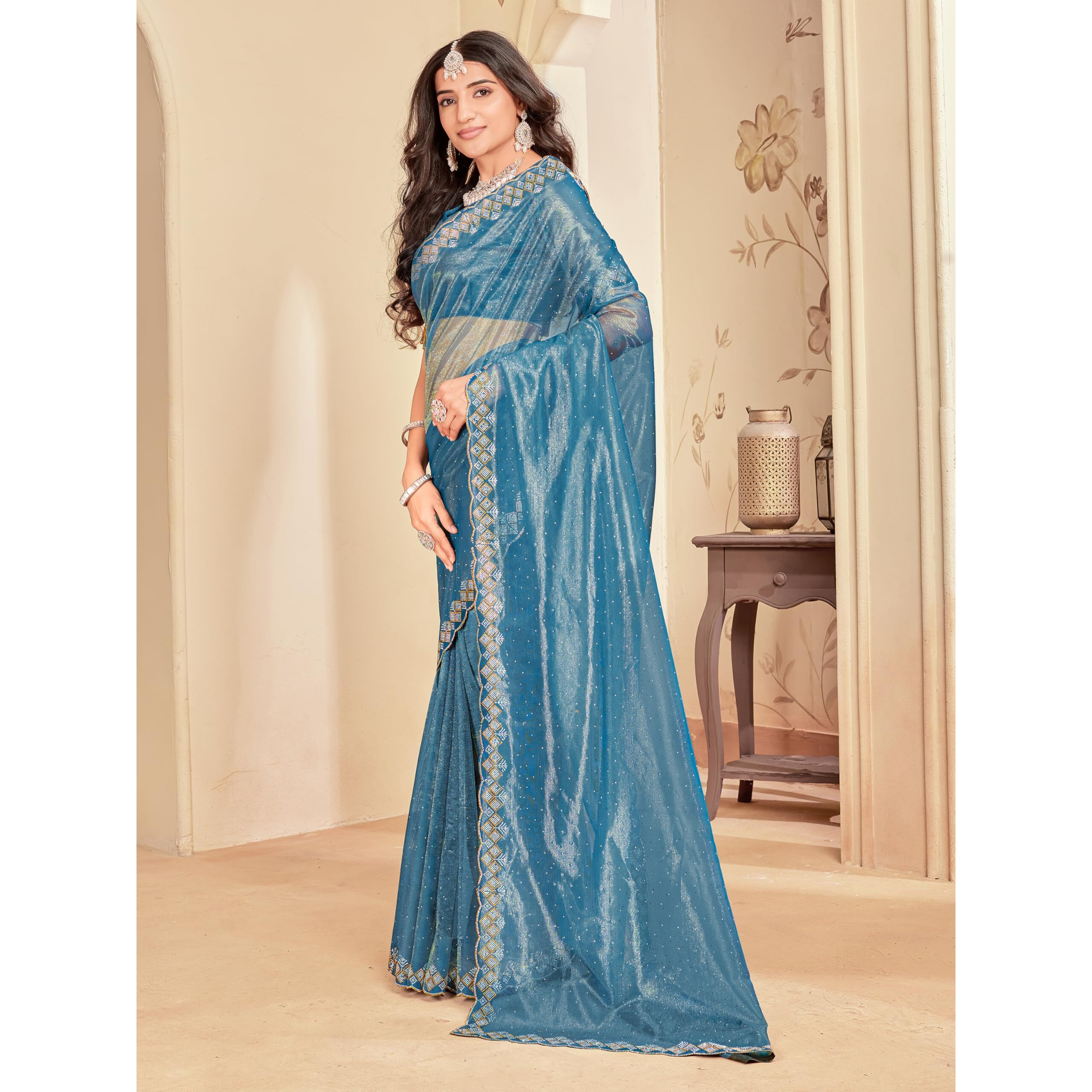 Glory Sarees Women's Net Swarovski Saree With Blouse Piece (Swarovskisarees102_Firozi)