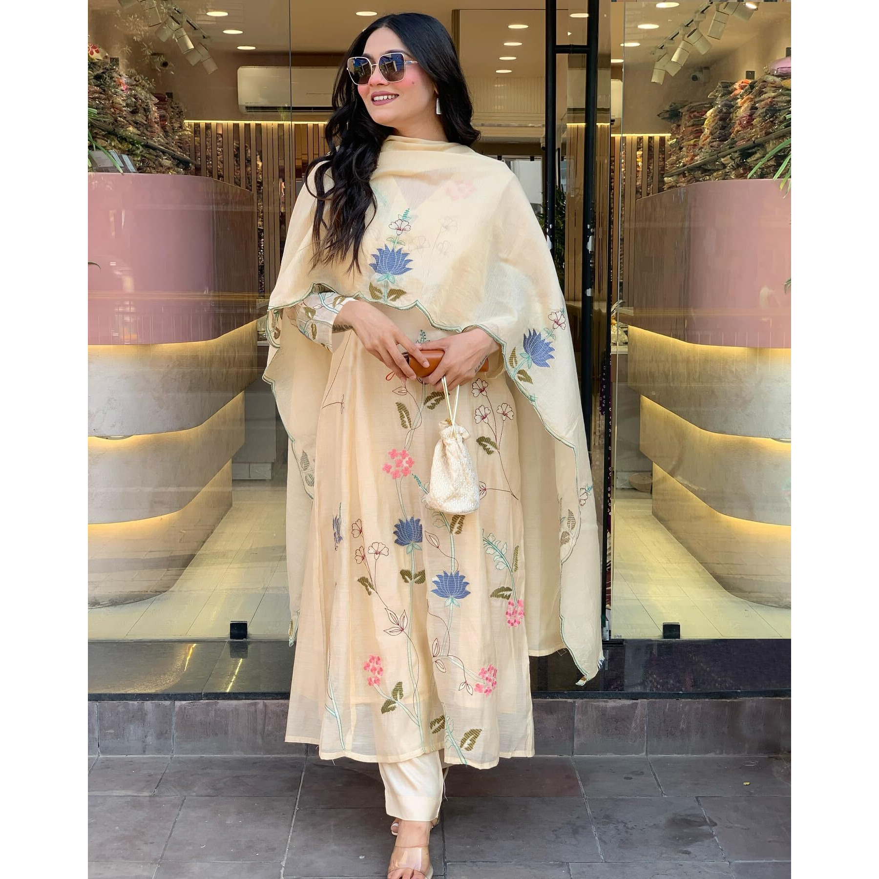 Gosriki Women's Chanderi Anarkali Printed Kurta With Pant & Dupatta (Shastra Cram-Gs_5Xl_Cream_Xxxxx-Large)