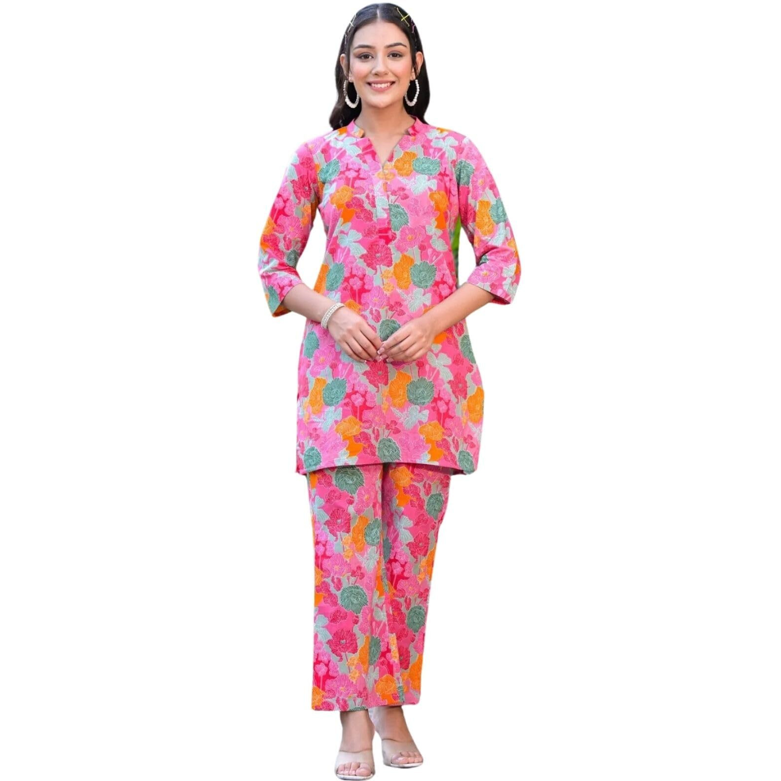 Greciilooks Women Rayon Women Night Dress Regular Fit Co Ord Sets (Peach, Small)