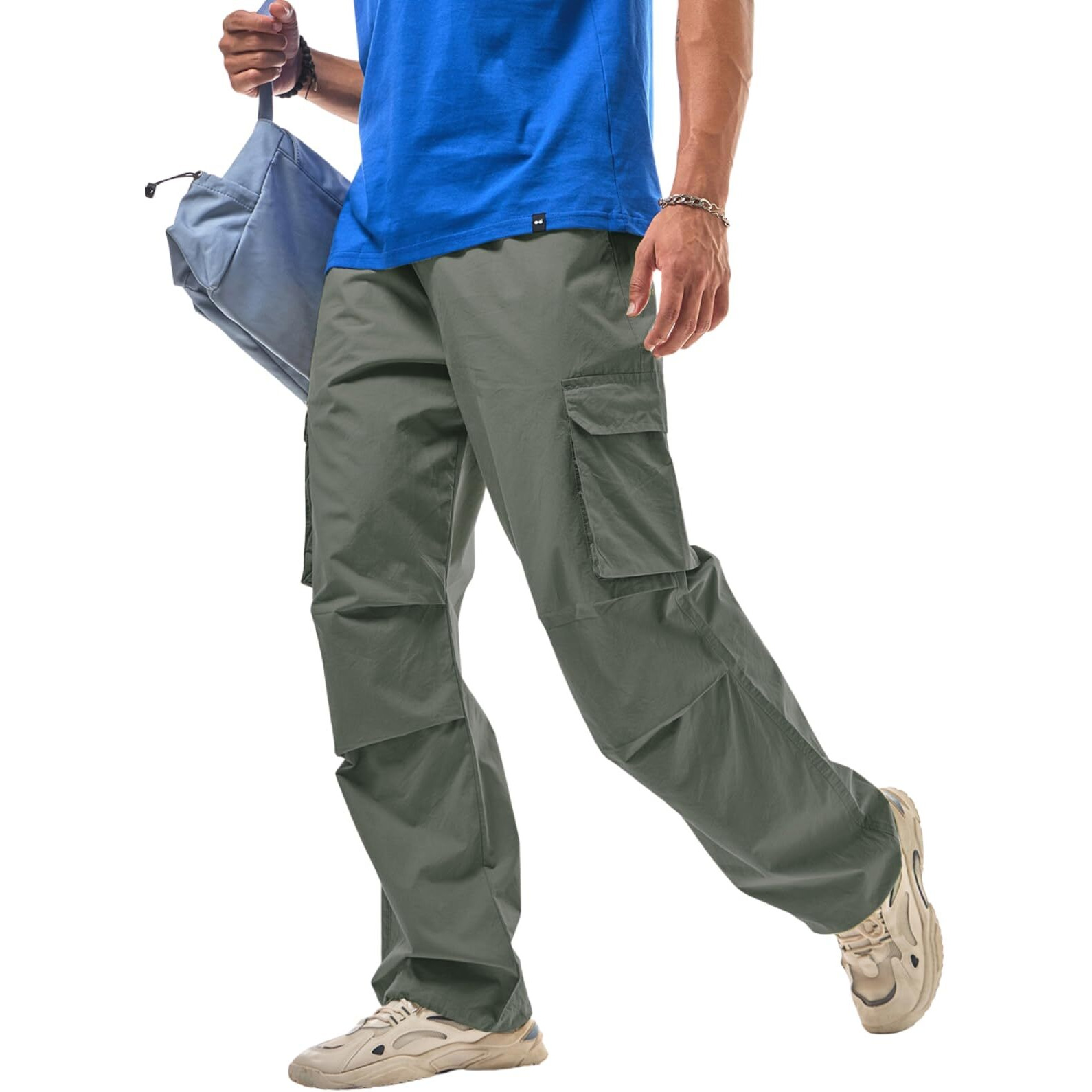 Greciilooks Men Regular Fit Cotton Trousers Baggy Mid Rise Pants Cargos (Gl-Tp-1082_Green, Large