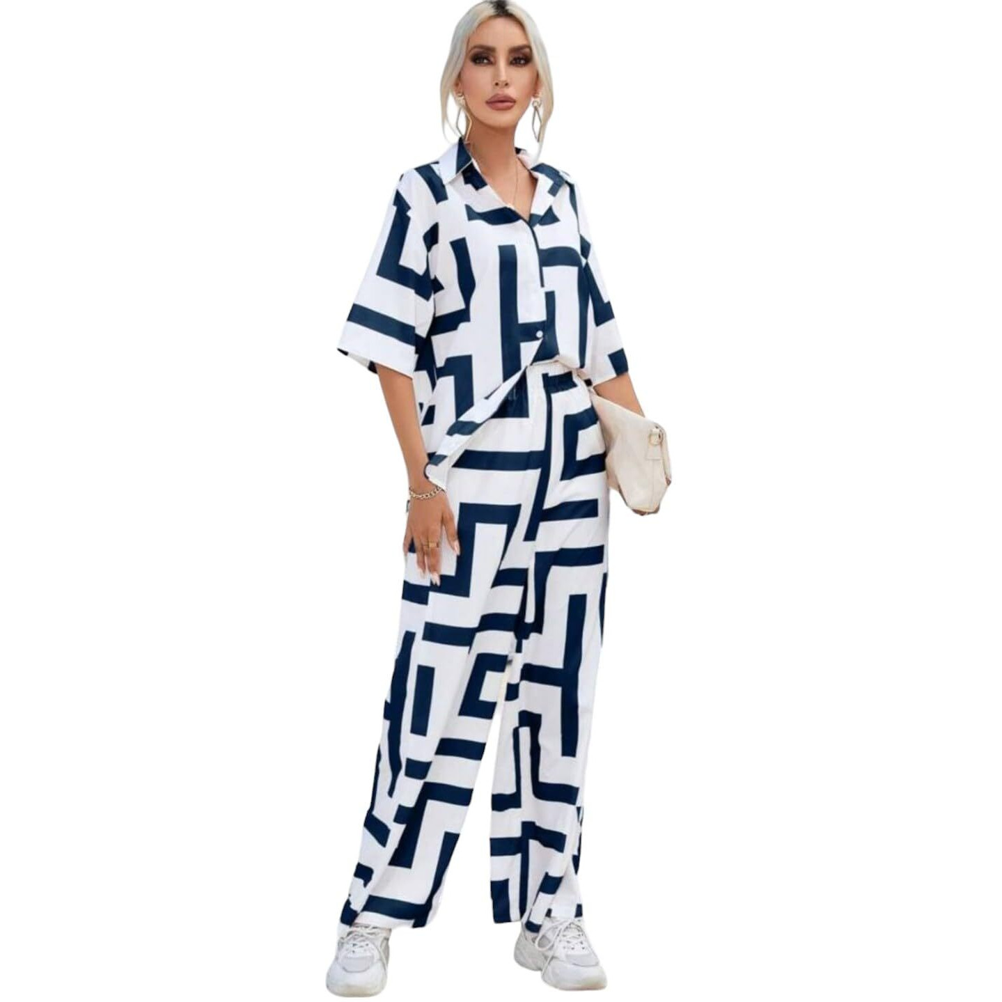 Gufrina Women's Polyester Co-Ord Set With Button-Up Top & Wide Leg Pant 3/4Th Sleeves Collar Neck Printed Pattern Regular Fit And Standard Length