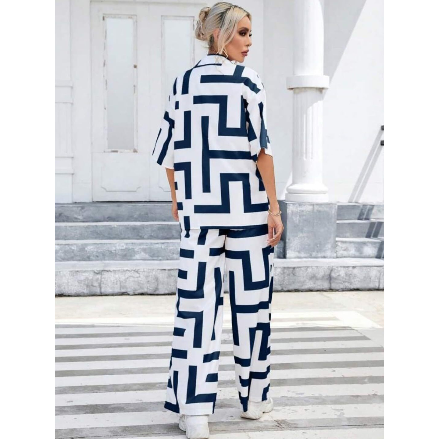 Gufrina Women's Polyester Co-Ord Set With Button-Up Top & Wide Leg Pant 3/4Th Sleeves Collar Neck Printed Pattern Regular Fit And Standard Length