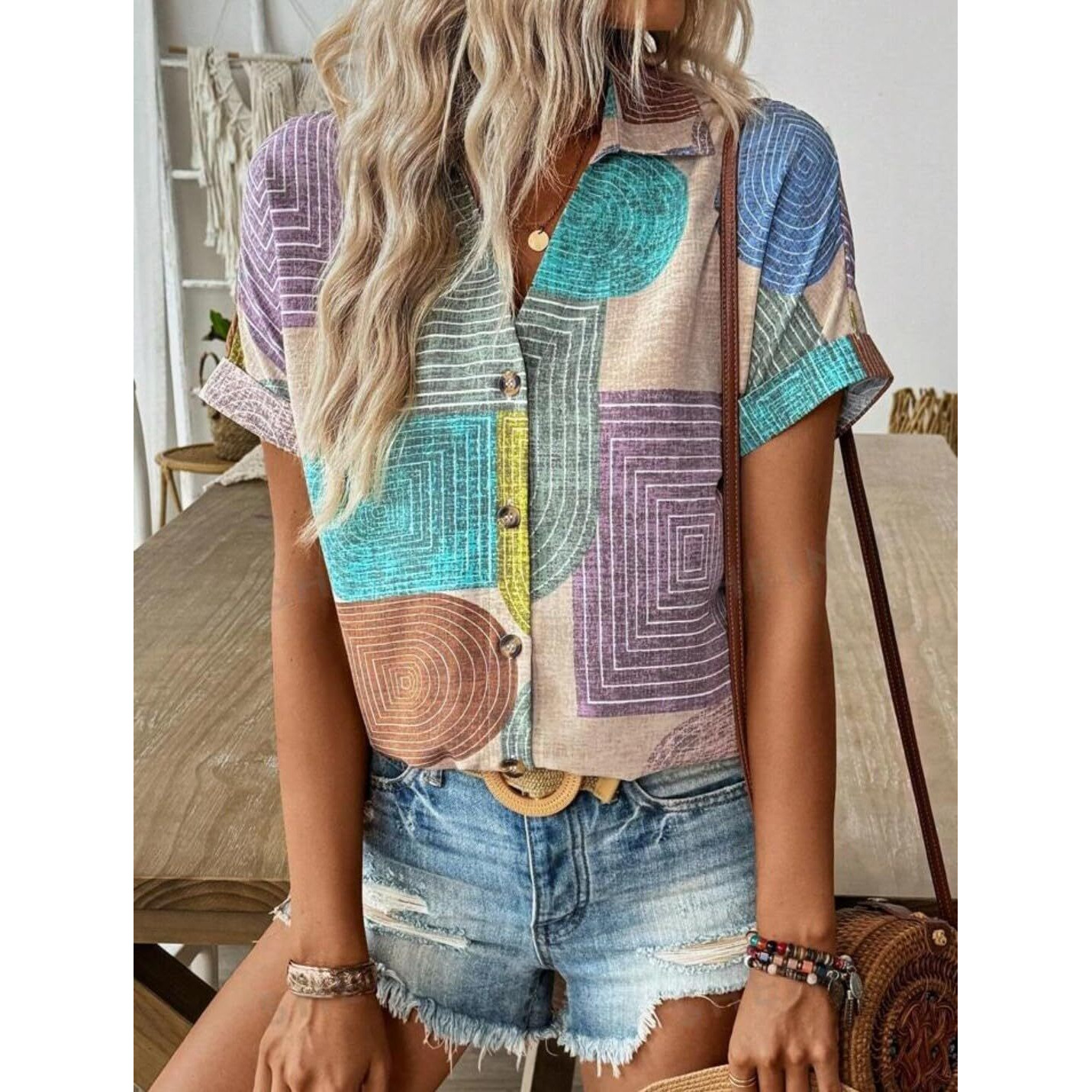 Gufrina Women's Colorful Abstract Geometric Print Shirt, Half Sleeve, Collar Neck, Casual Button-Up Top, Rayon Fabric (Beige L)