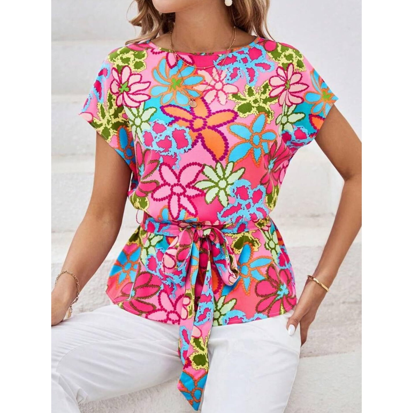 Gufrina Women Western Top With Floral Printed Design In Multicolor Fabric, Relaxed Fit, Short Sleeves, And Waist Tie-Up (Pink S)