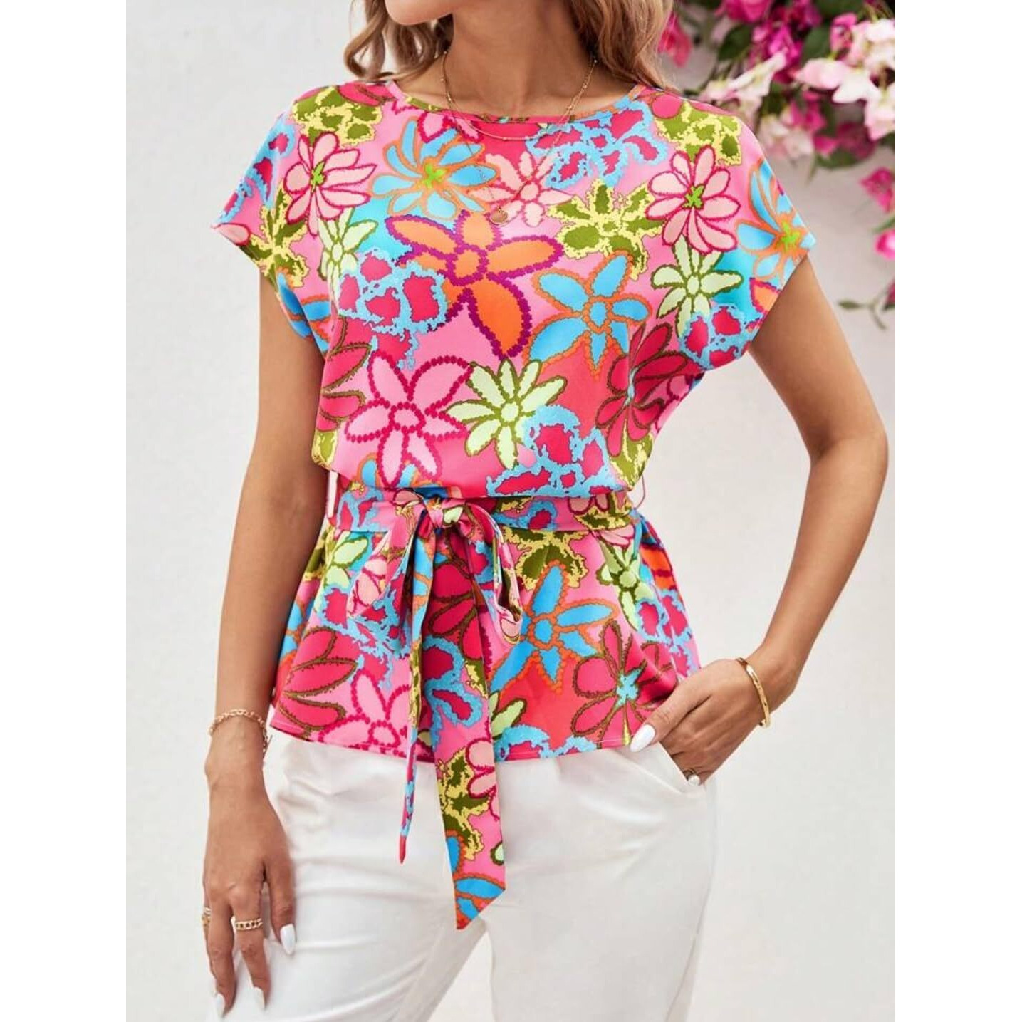 Gufrina Women Western Top With Floral Printed Design In Multicolor Fabric, Relaxed Fit, Short Sleeves, And Waist Tie-Up (Pink S)