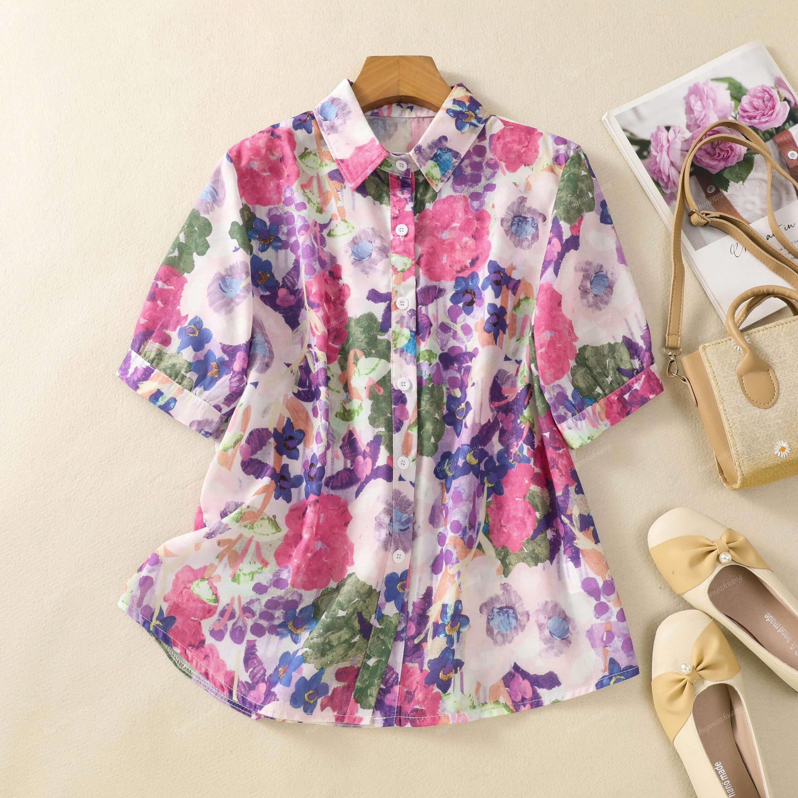 Gufrina Women Purple Multicolor Floral Print Button-Down Shirt With Elbow Sleeves And Collar Neck In Soft Breathable Fabric Ideal For Casual Wear And Relaxed Styling (Purple 3Xl)