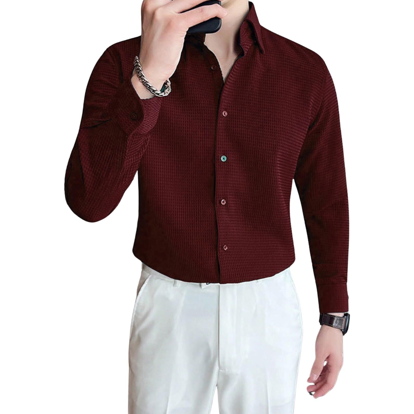 Greciilooks Men's Formal Button Down Shirt  Slim Fit Office Wear Shirt's For Men | Textured Long Sleeve Cotton Blend | Business & Meeting Ready Maroon