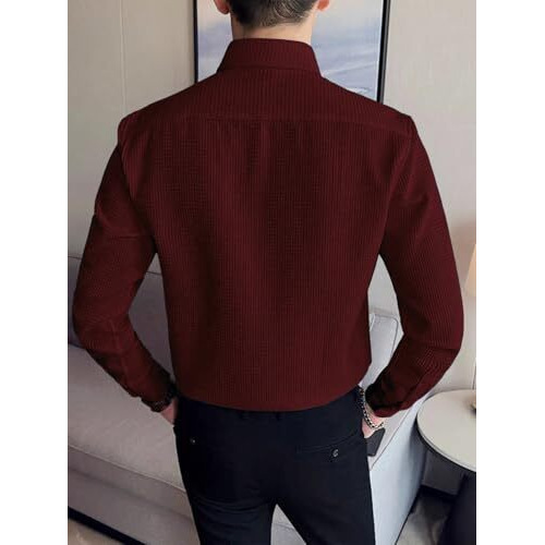 Greciilooks Men's Formal Button Down Shirt  Slim Fit Office Wear Shirt's For Men | Textured Long Sleeve Cotton Blend | Business & Meeting Ready Maroon