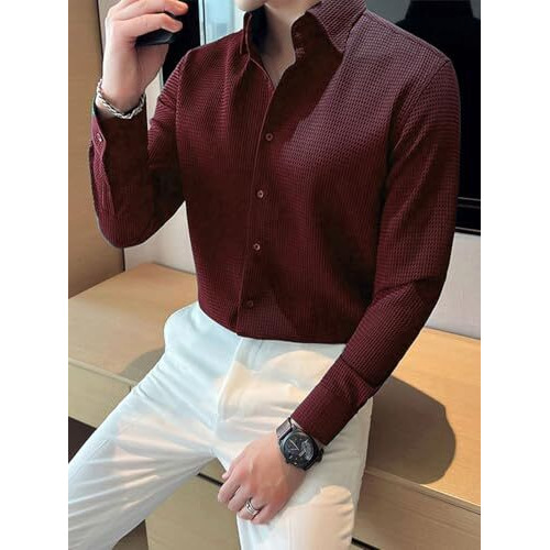 Greciilooks Men's Formal Button Down Shirt  Slim Fit Office Wear Shirt's For Men | Textured Long Sleeve Cotton Blend | Business & Meeting Ready Maroon
