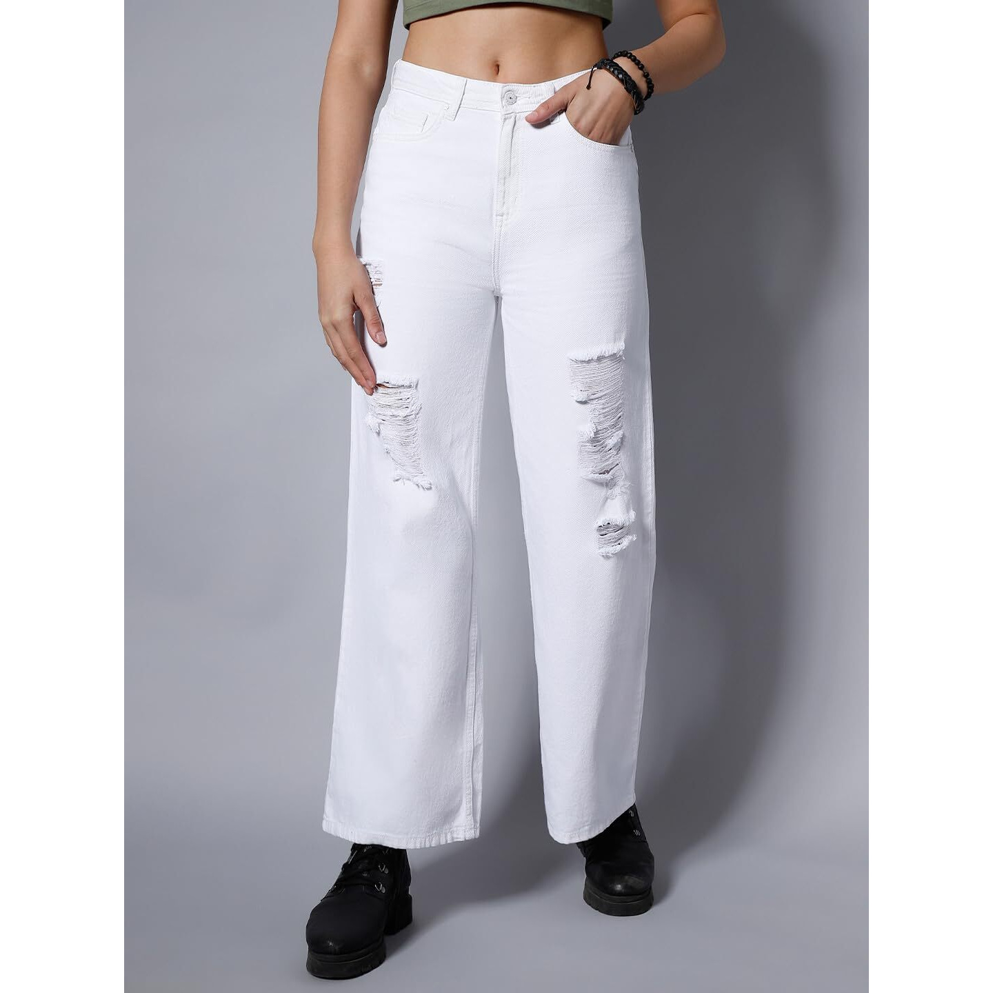 High Star Women's Wide Leg Stretchable Jeans (Hswjns1990_White_30)