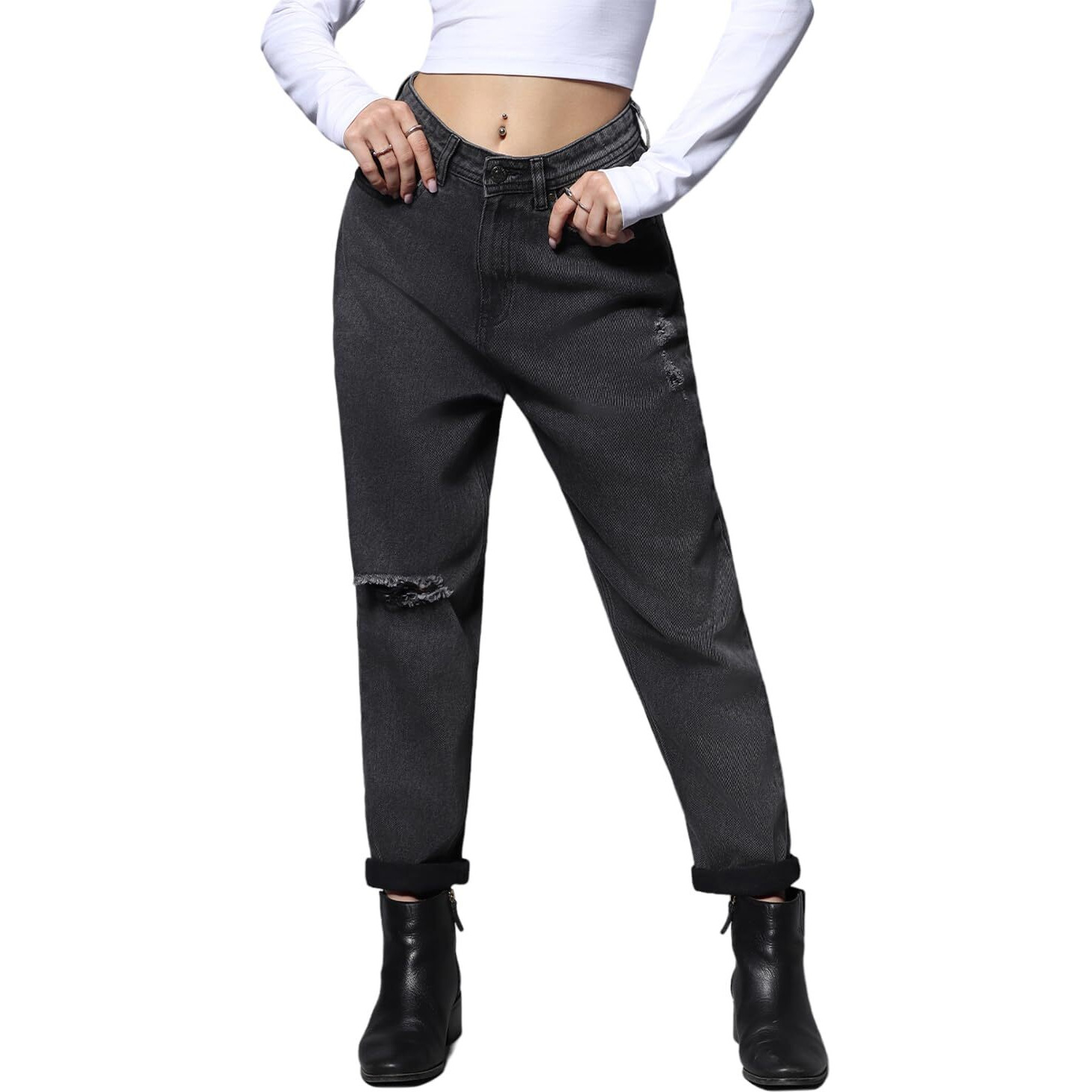 High Star Women's Mom Fit Stretchable Jeans (Hswjns1999_Black_28)