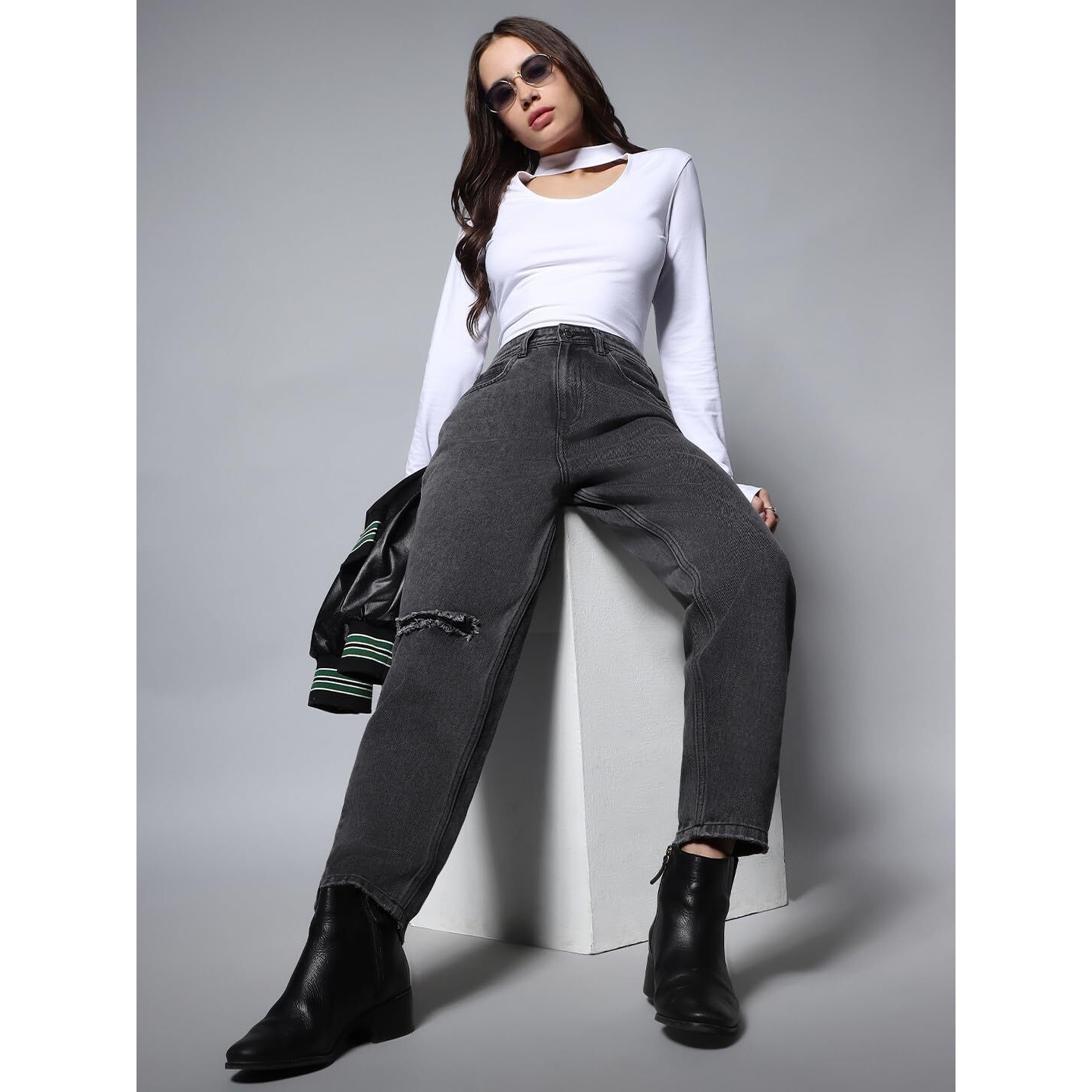 High Star Women's Mom Fit Stretchable Jeans (Hswjns1999_Black_28)