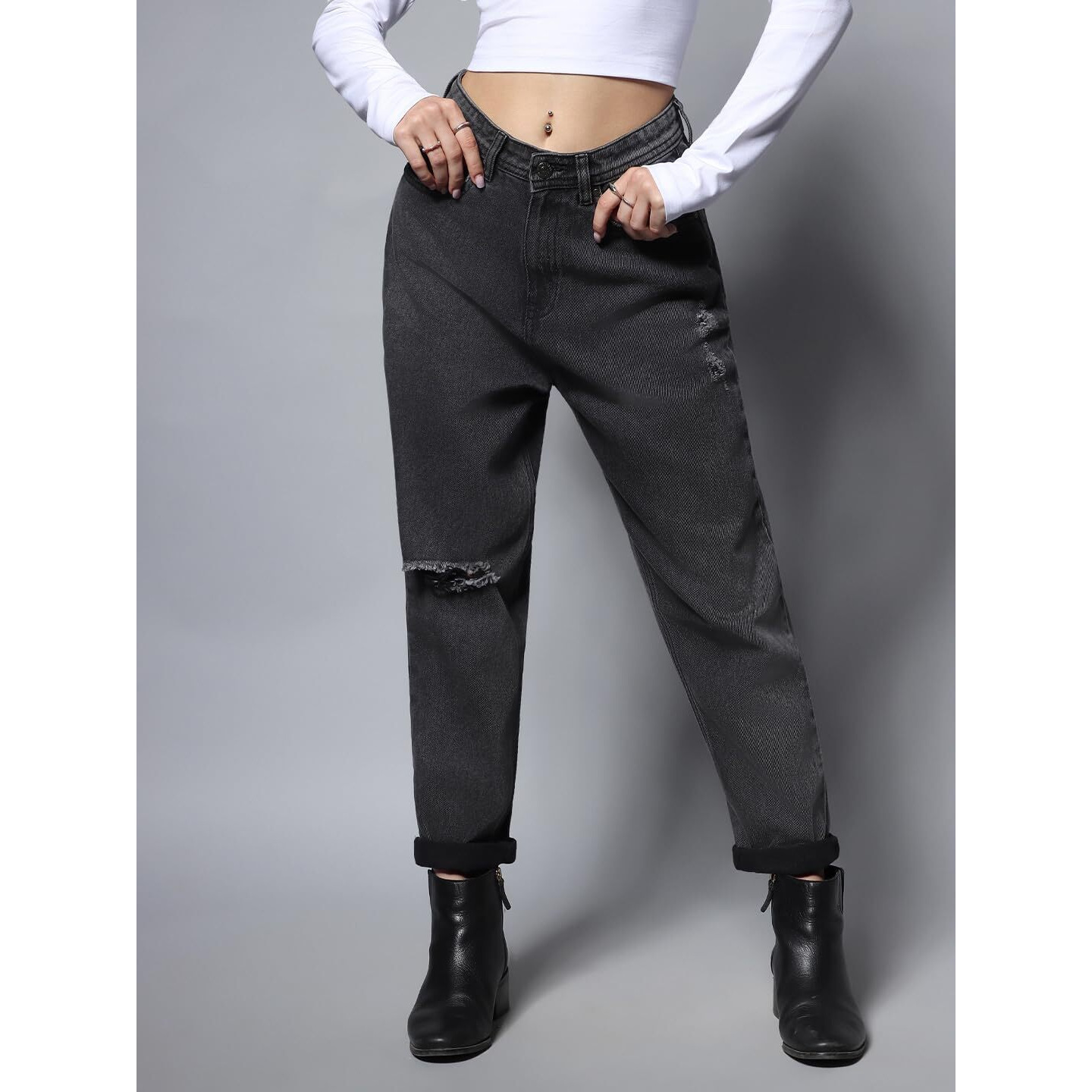 High Star Women's Mom Fit Stretchable Jeans (Hswjns1999_Black_28)