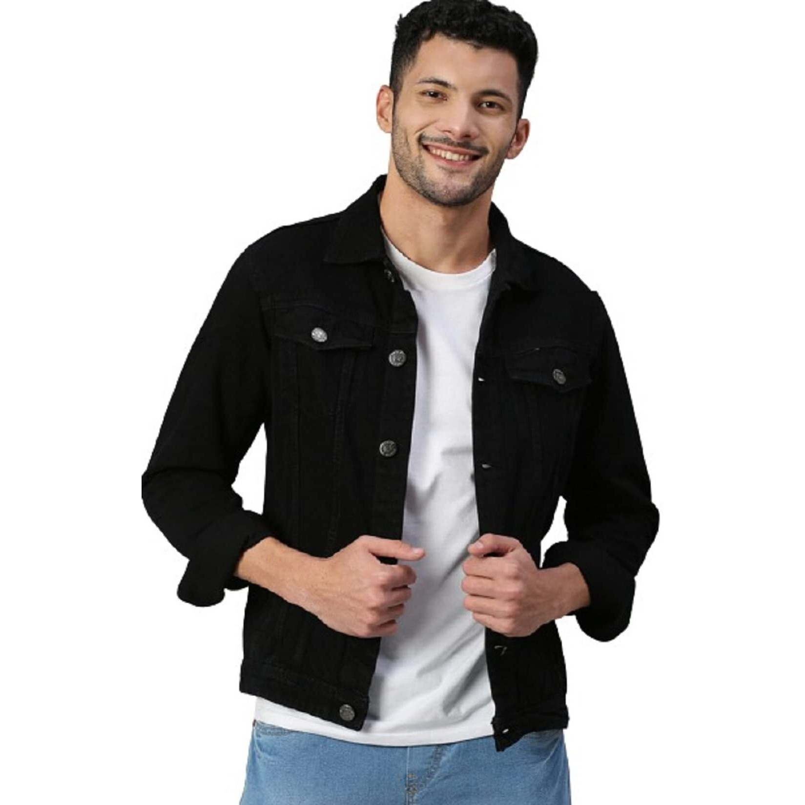 High Star Cotton Blend Men's Denim Standard Length Jacket (Hsjkt103_832_Black L