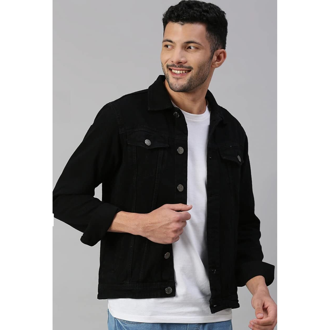 High Star Cotton Blend Men's Denim Standard Length Jacket (Hsjkt103_832_Black L